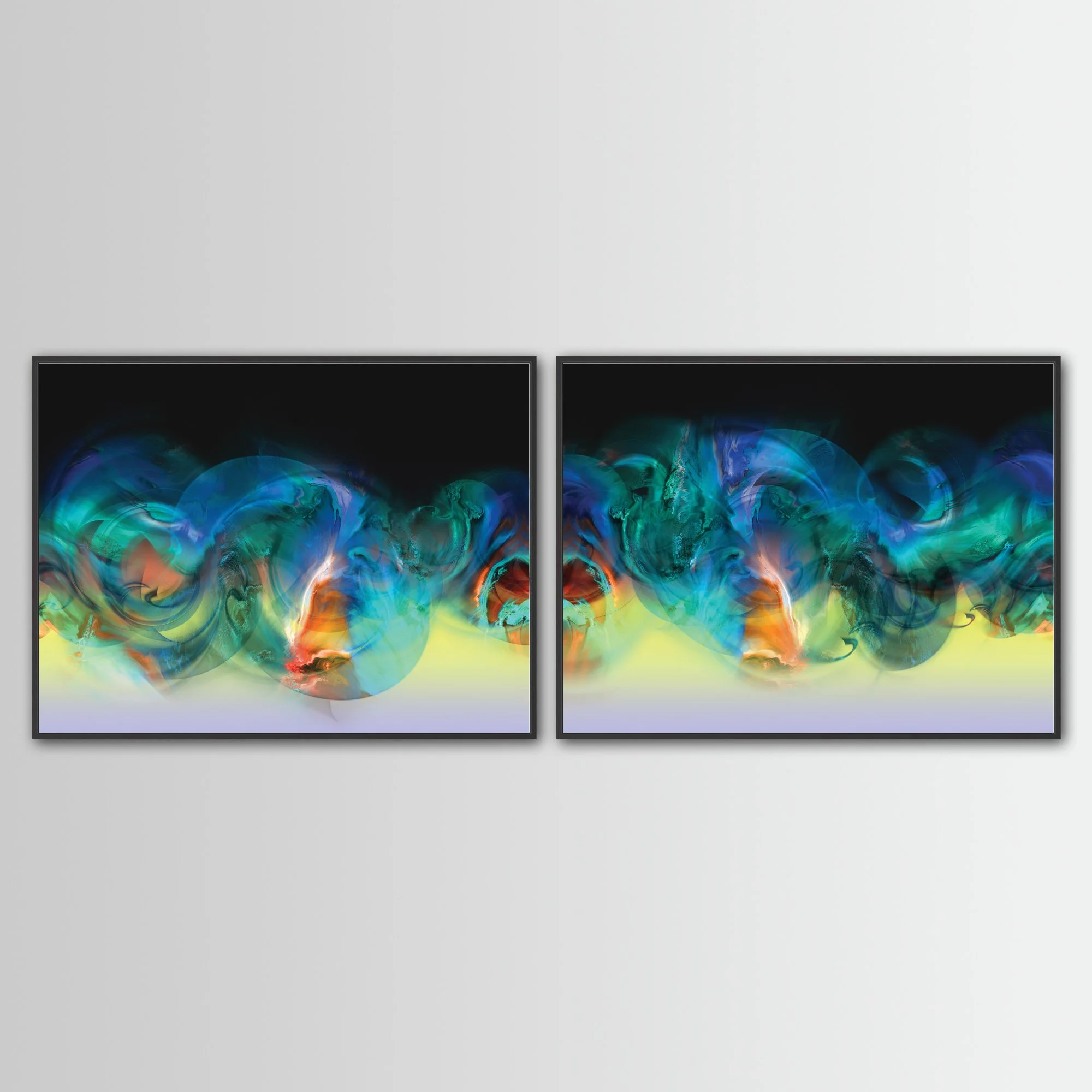 Abstract art diptych with swirling fluid shapes in vibrant blue, deep teal, and emerald green, with orange on black and yellow background, framed and ready to hang. With black frame