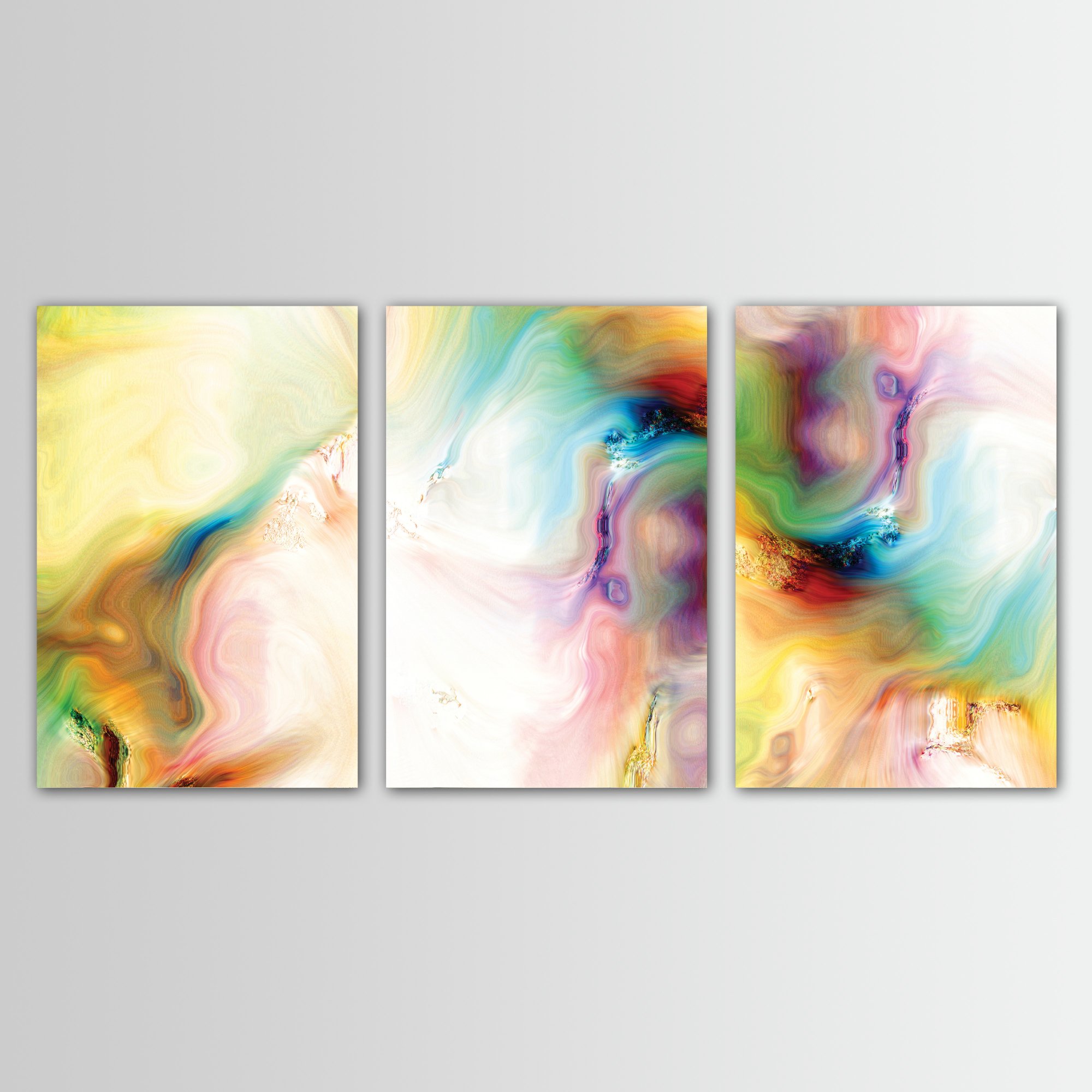 Tríptico de arte abstracto con texturas fluidas y luminosas y remolinos en tonos amarillo pastel, verde, turquesa y rosa, con detalles dorados sobre fondo blanco; enmarcado y listo para colgar.