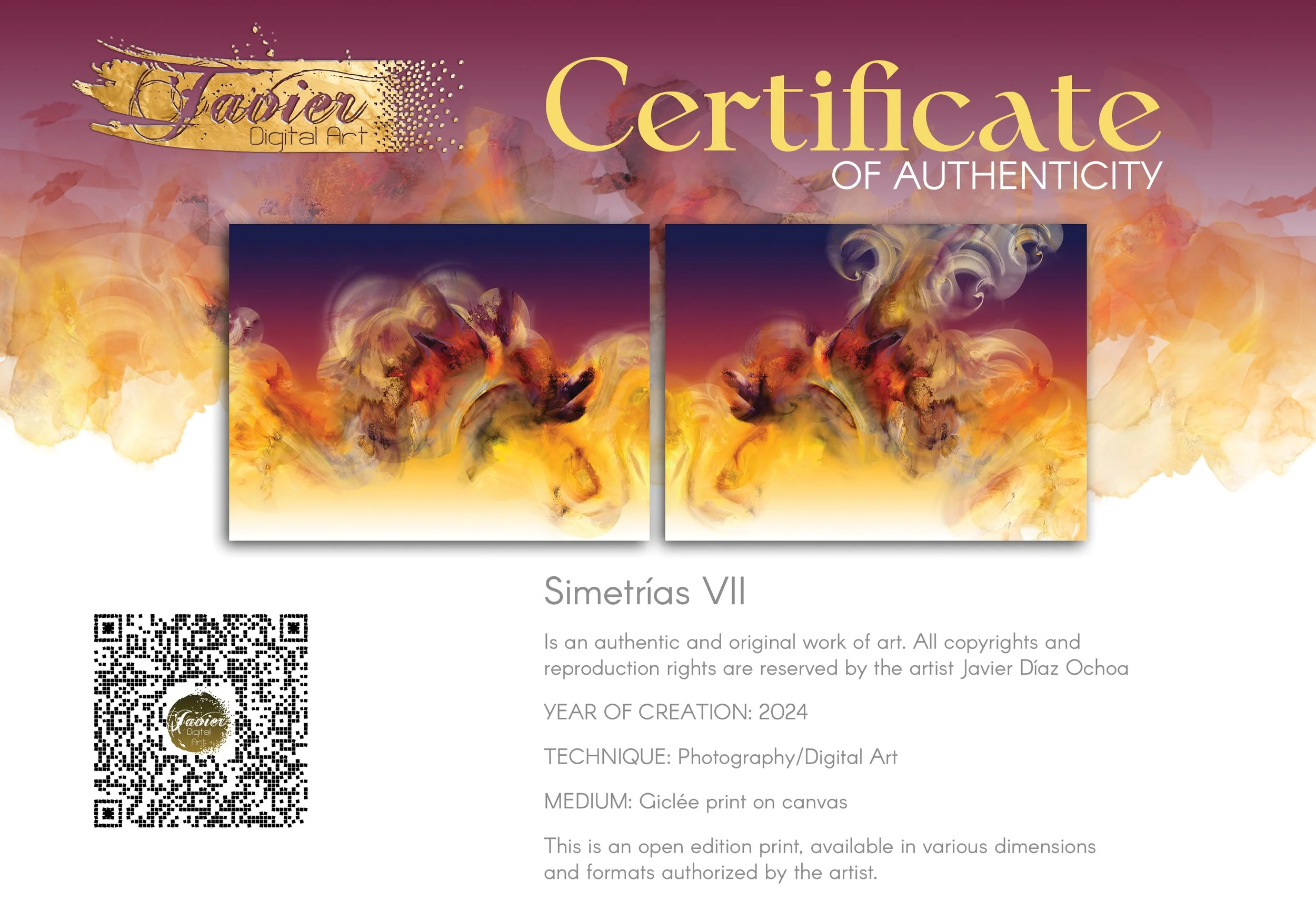 Abstract diptych with textured, cloud-like fluid shapes in orange, golden ocher, and red, with contrasting against a dark purple background, framed and ready to hang. Certificate of Authenticity