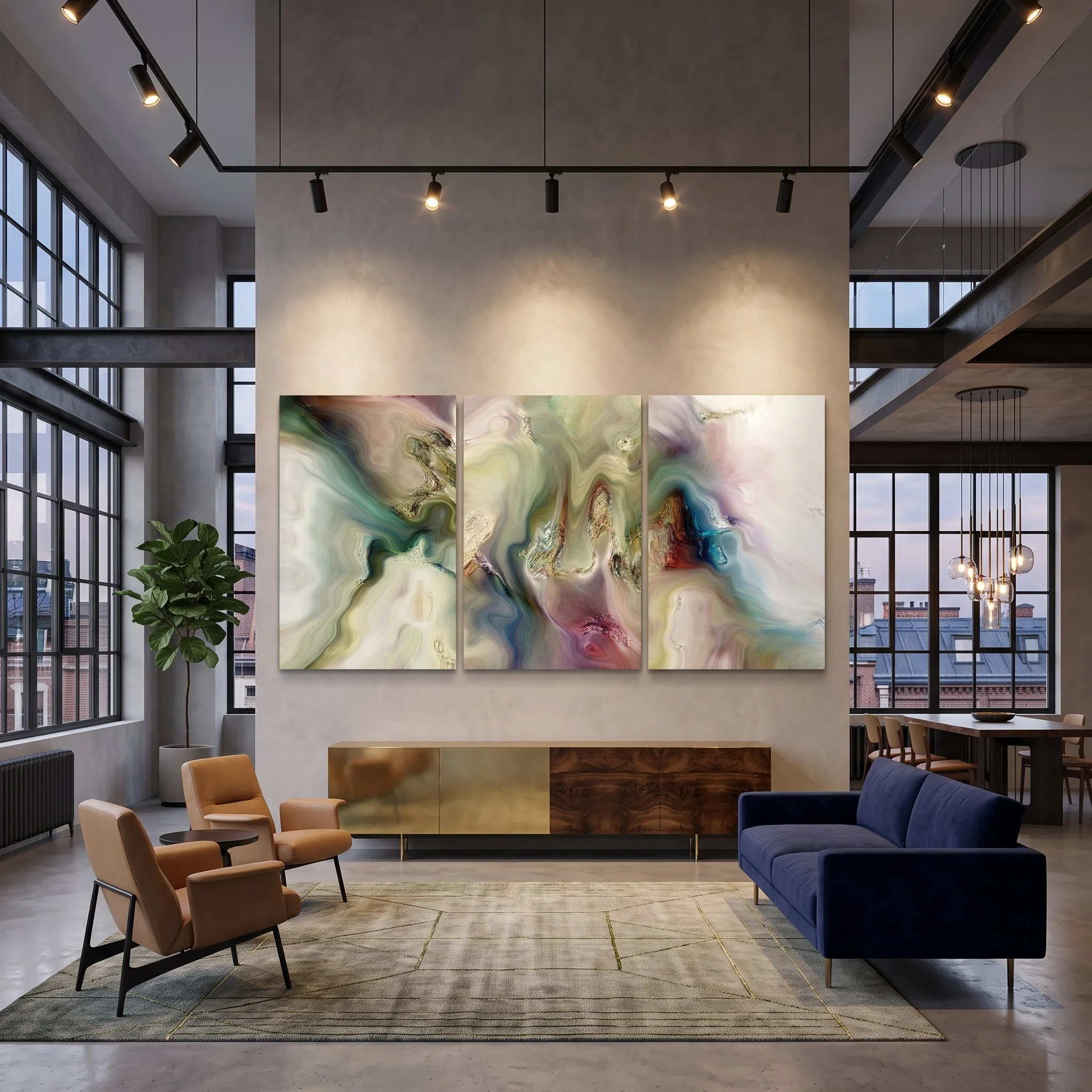Abstract art triptych in pastel tones above a gold and wood credenza in a luxury loft featuring a navy blue sofa and track lighting.