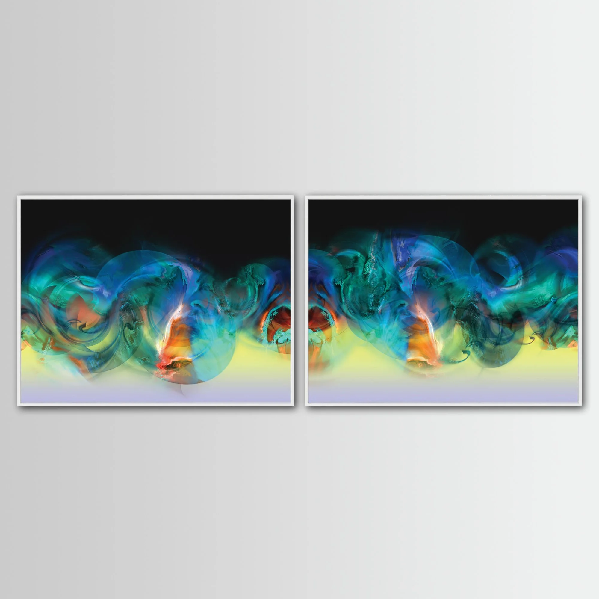 Abstract art diptych with swirling fluid shapes in vibrant blue, deep teal, and emerald green, with orange on black and yellow background, framed and ready to hang. With white frame