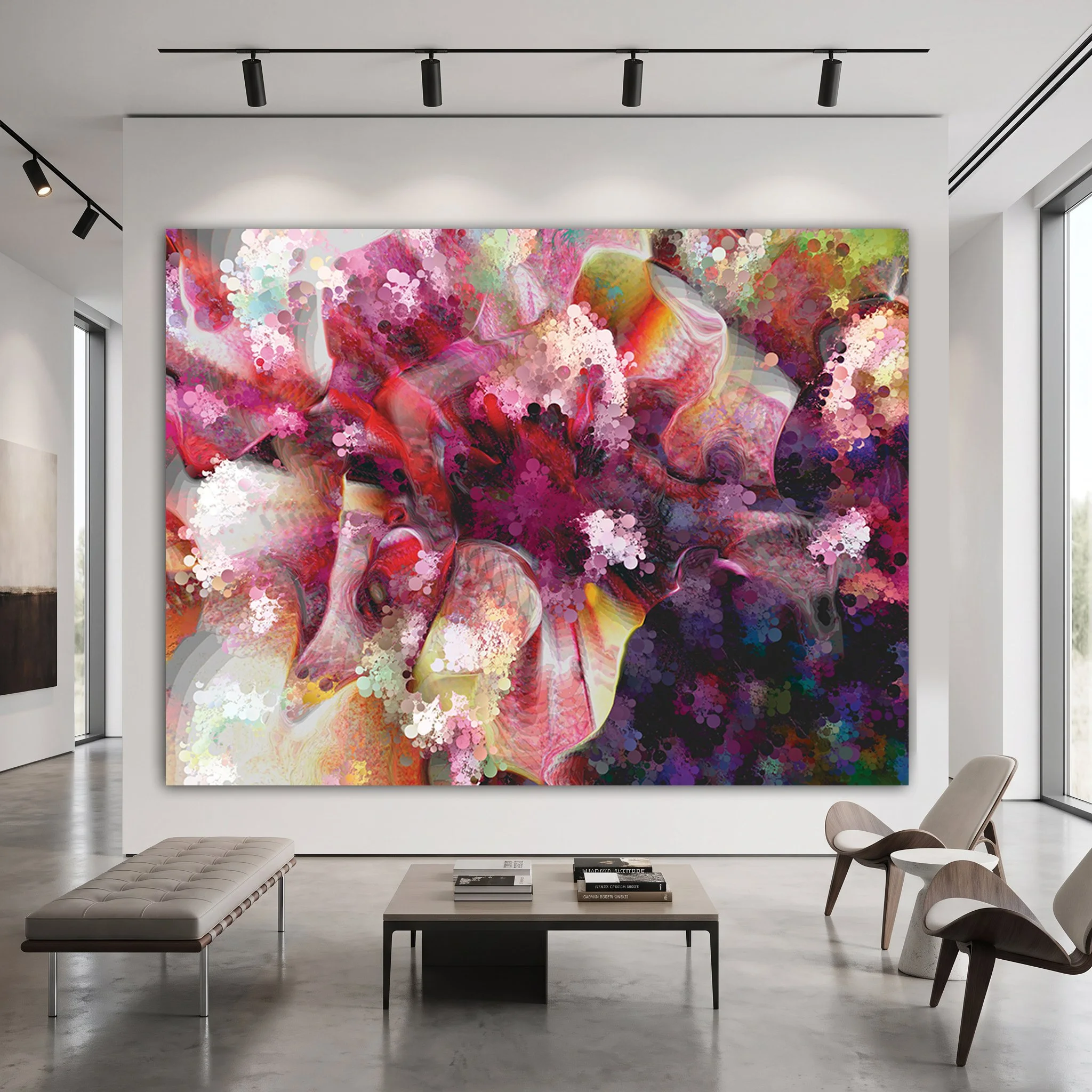 Large pink and purple abstract painting in a luxury waiting room with gray leather bench, designer chairs, polished concrete floor and track lighting