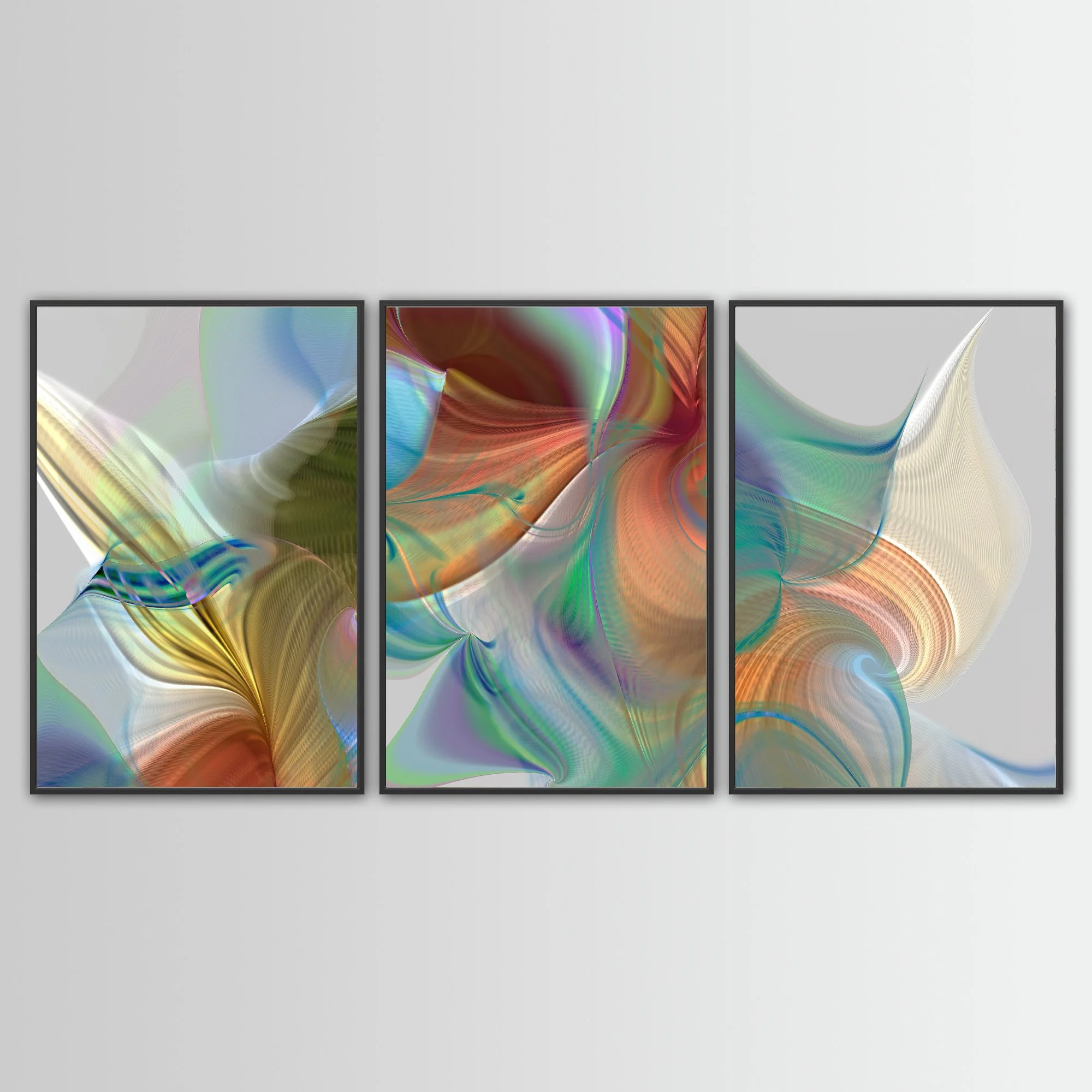 Abstract triptych with flowing organic shapes and wave line patterns in terracotta, old gold, and light blue tones over a gray background, framed and ready to hang. With black frame