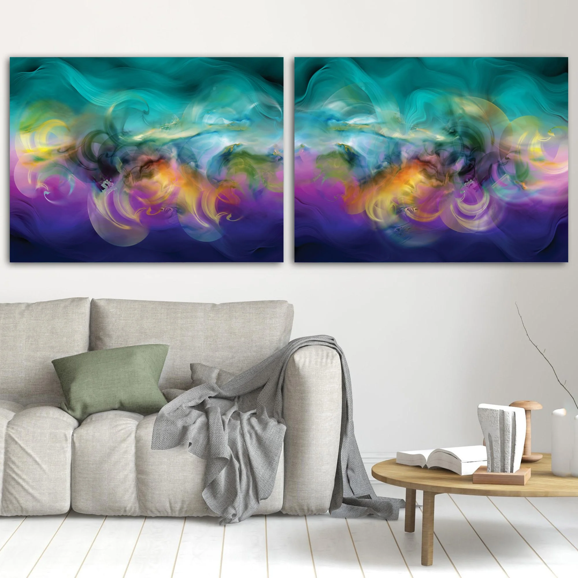 Abstract diptych with swirling fluid shapes and wave textures in teal, violet, and indigo blue, with glowing yellow and ocher center, framed and ready to hang. In living room