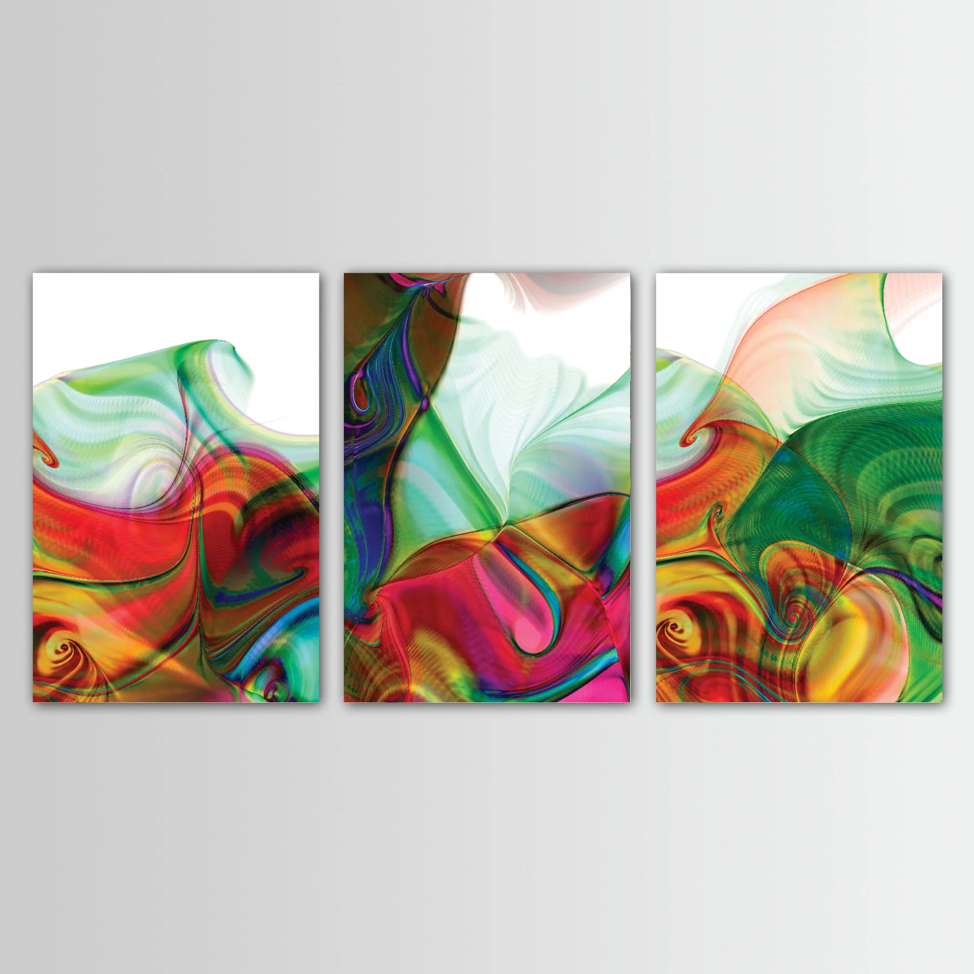 Abstract triptych with swirling fluid shapes and line patterns in vibrant crimson red, magenta, and emerald green over white background, framed and ready to hang.