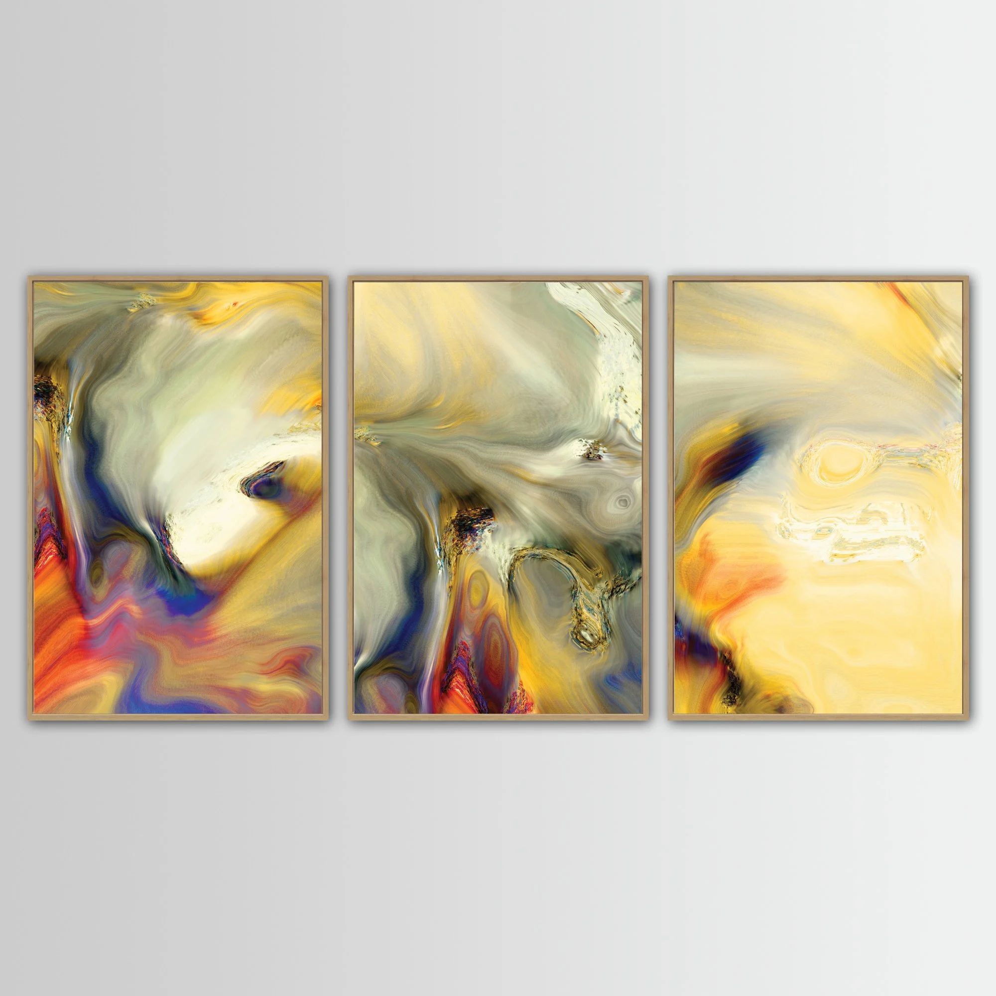 Abstract triptych with liquid textures in warm gold, ocher, and cream, contrasting with deep navy blue and terracotta swirls, framed and ready to hang. With wooden frame