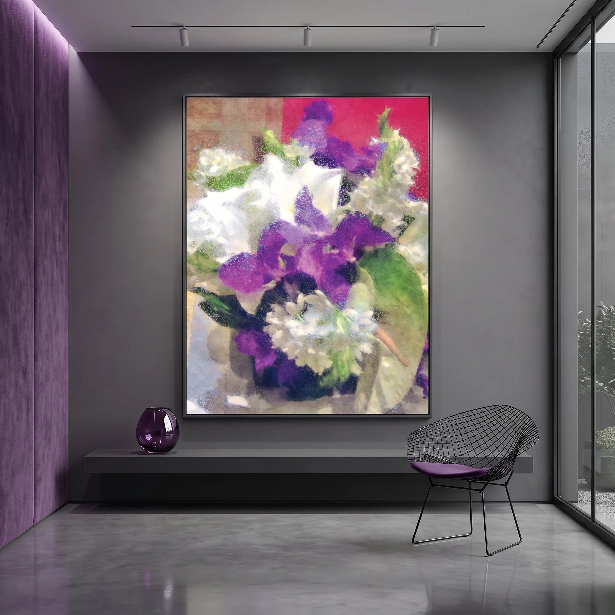 Canvas art with a textured purple floral motif hanging in a modern gallery space with concrete floors, a wire accent chair, a black bench, and track lighting.