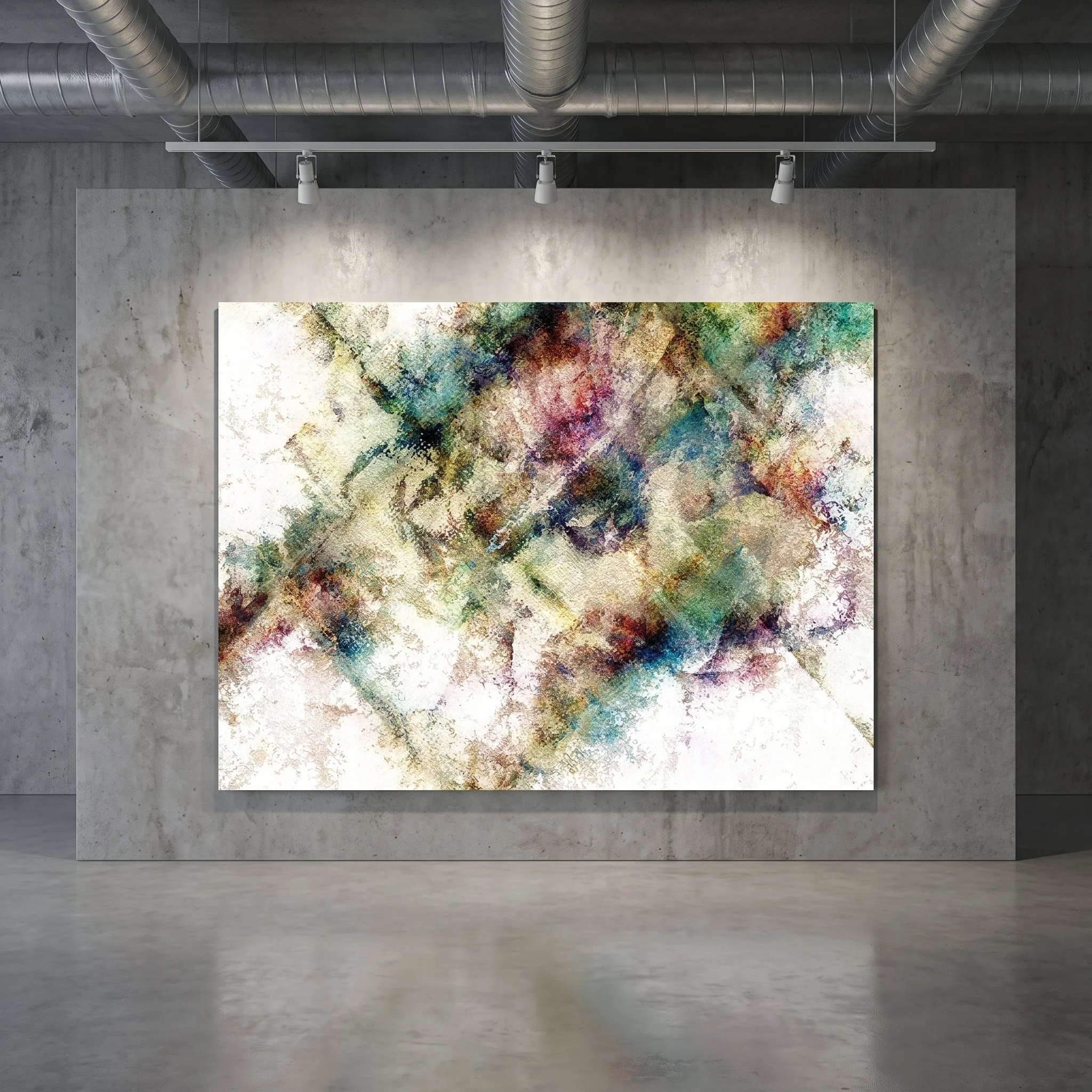 Large abstract painting in shades of green and ochre displayed on a concrete wall in an industrial-style gallery with exposed pipes and track lighting.