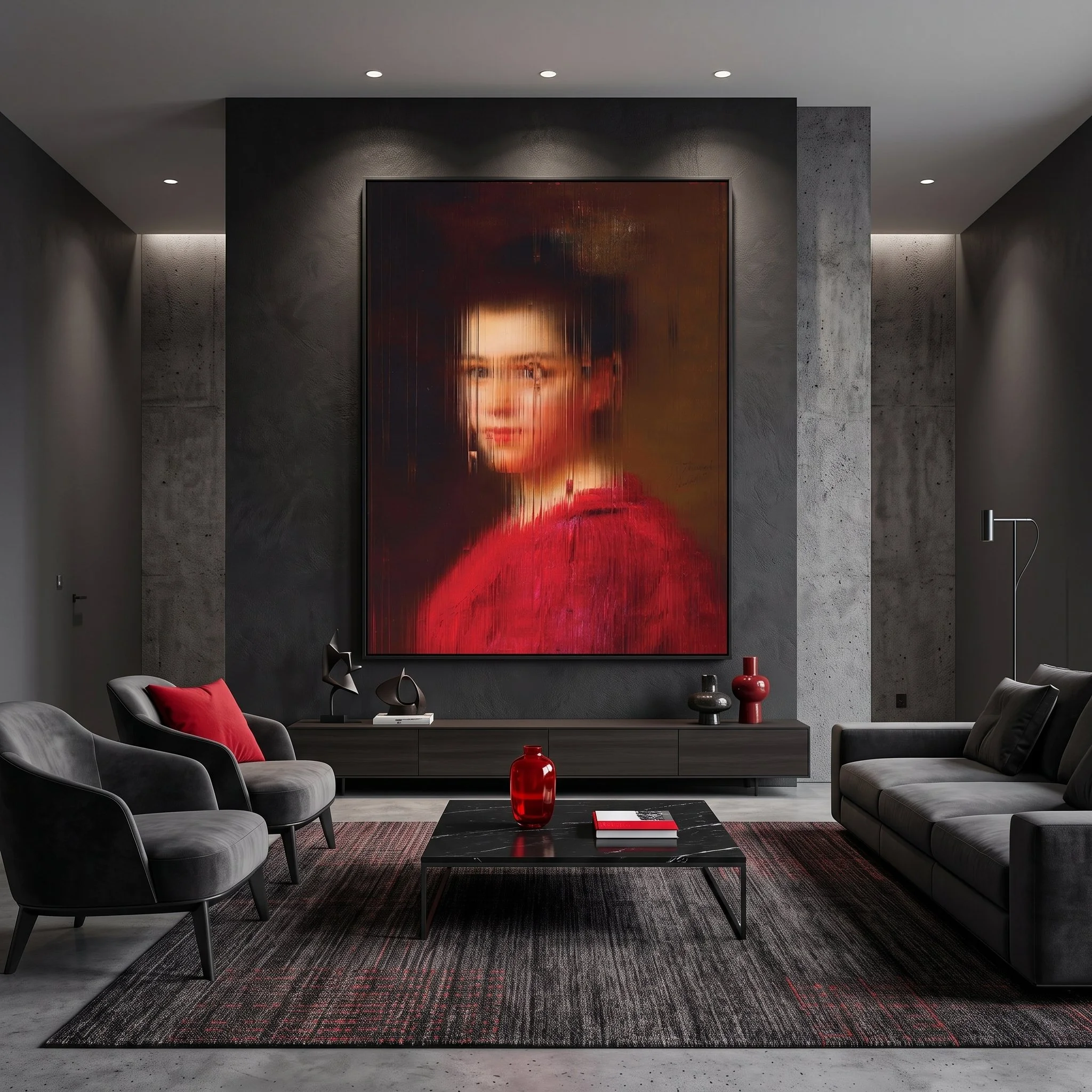 Large canvas art with a textured glitch portrait hanging above a dark wooden media console in a moody living room, featuring grey sofas, concrete floors, and red accents.
