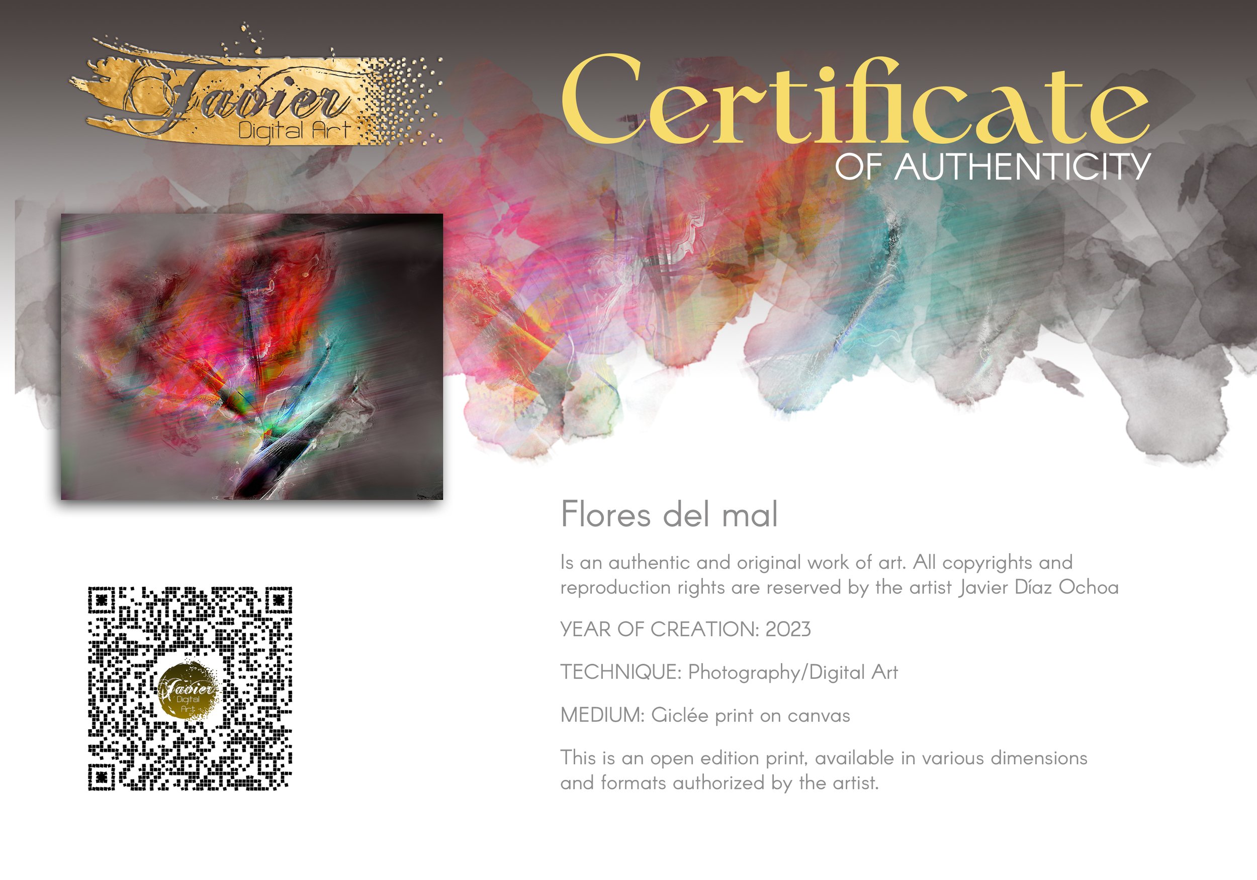 Dynamic fine art print featuring intense streaks of motion in vibrant red, magenta, and turquoise tones over a dark smoky gray background, framed and ready to hang. Certificate of Authenticity