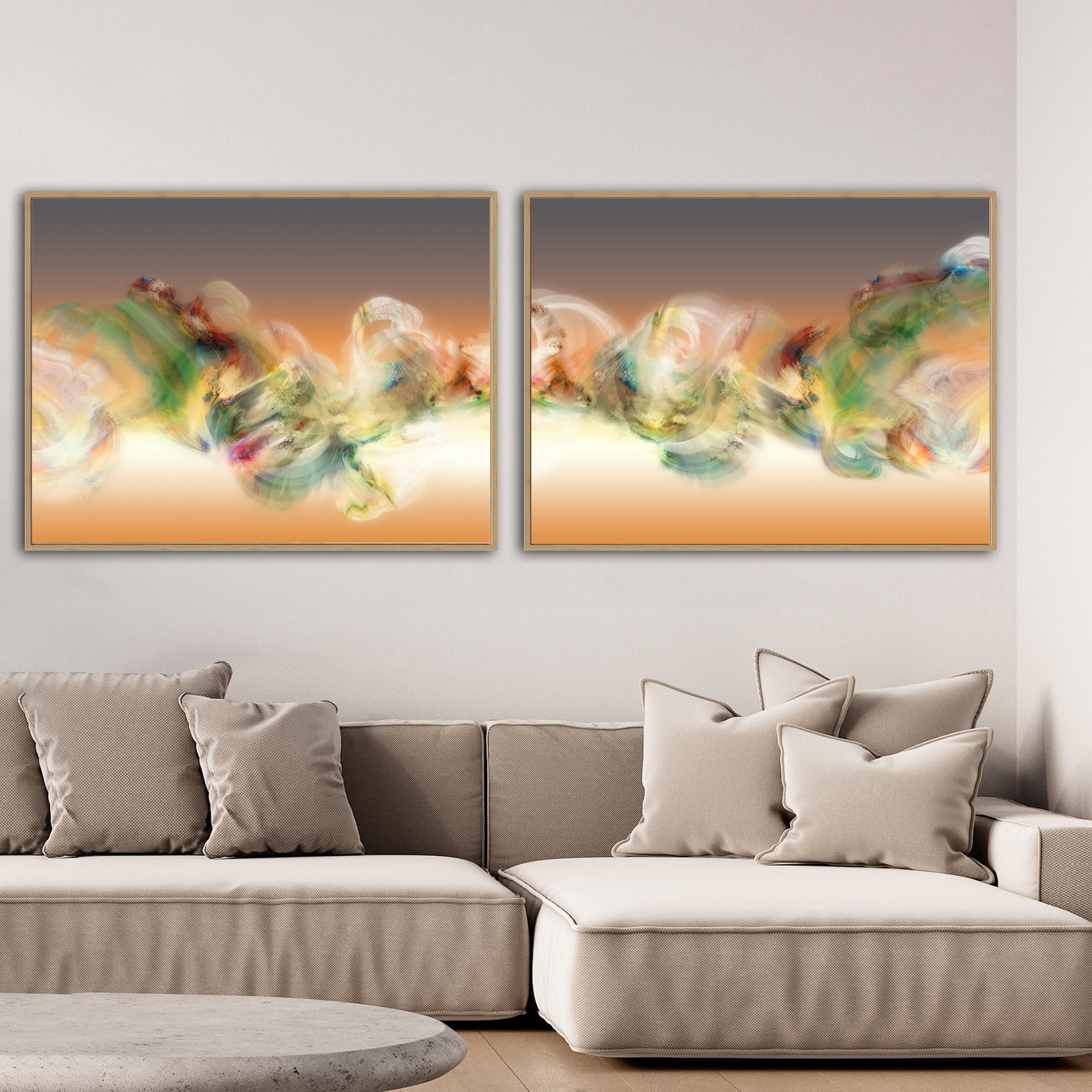 Abstract diptych with swirling smoke patterns and organic textures in green, cream, and ocher over a terracotta and grey background, framed and ready to hang. Over grey couch