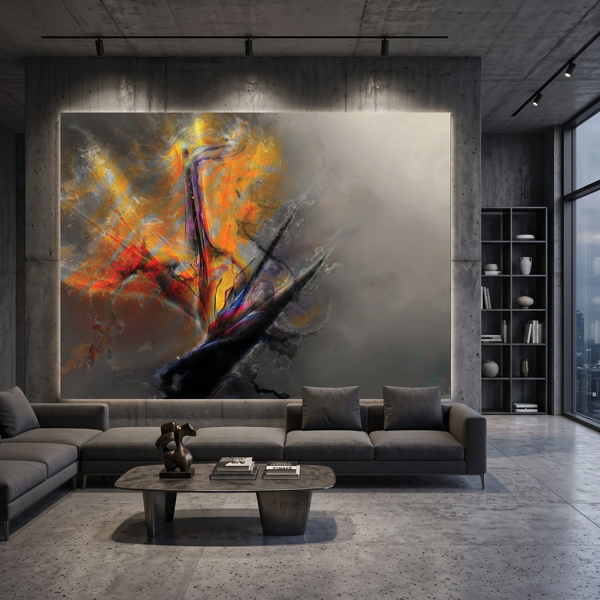 Large canvas art with an orange and grey abstract design hanging on a concrete wall with backlit lighting, featuring a grey sectional sofa, matching stone coffee table, and bookshelves.