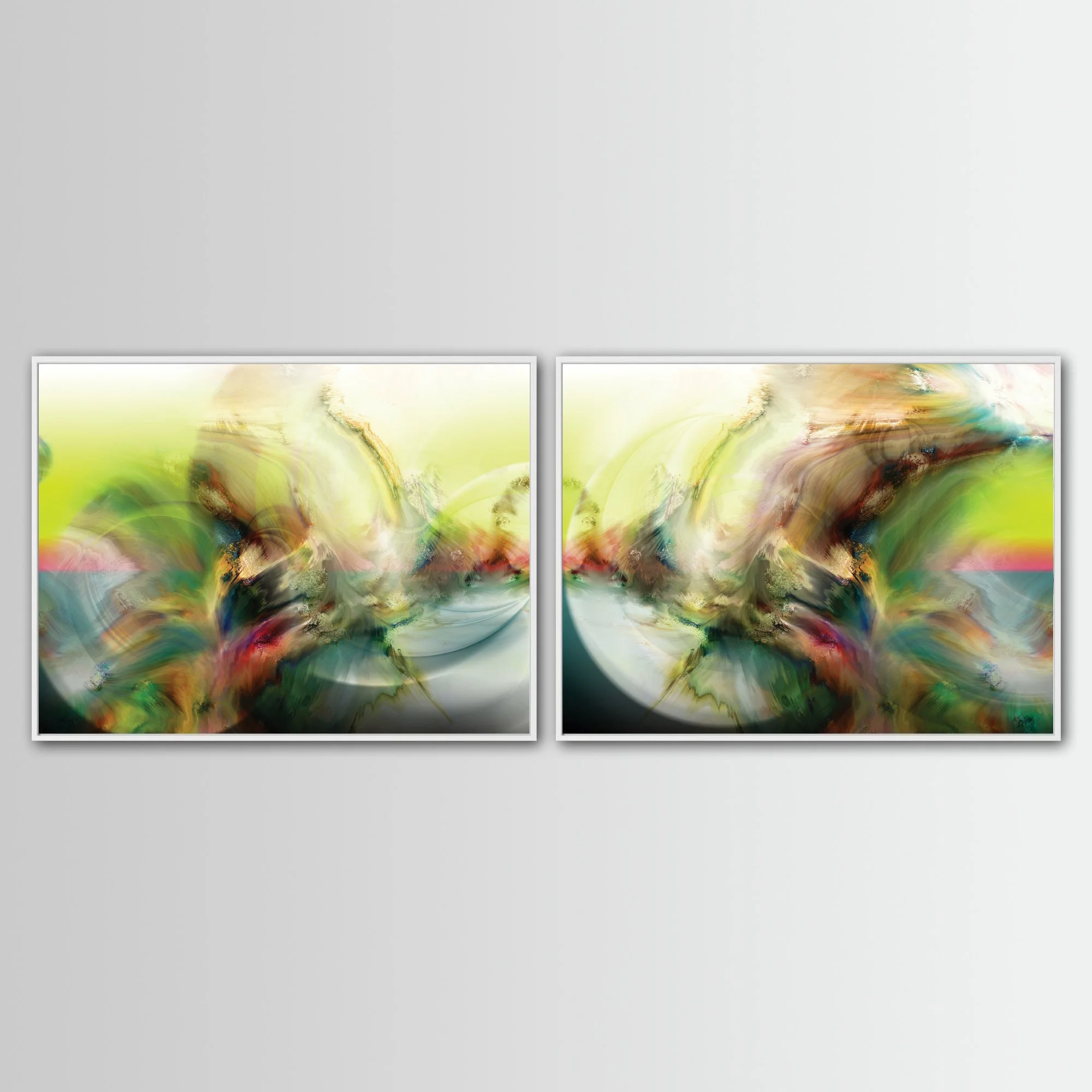 Abstract art diptych with luminous spherical shapes, organic textures, and background in yellow, cream, and sky blue tones, framed and ready to hang. With white frame