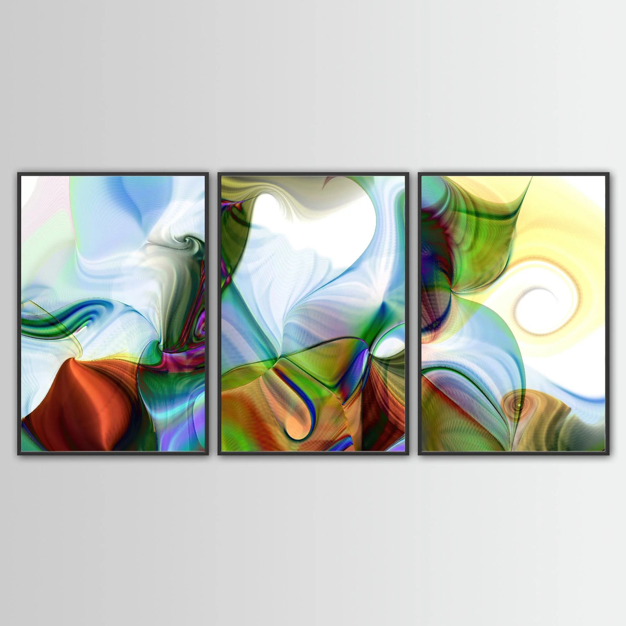 Abstract triptych with spiral patterns, line textures, and a color palette of forest green, sky blue, and warm earth tones over a white background, framed and ready to hang. Whit black frame