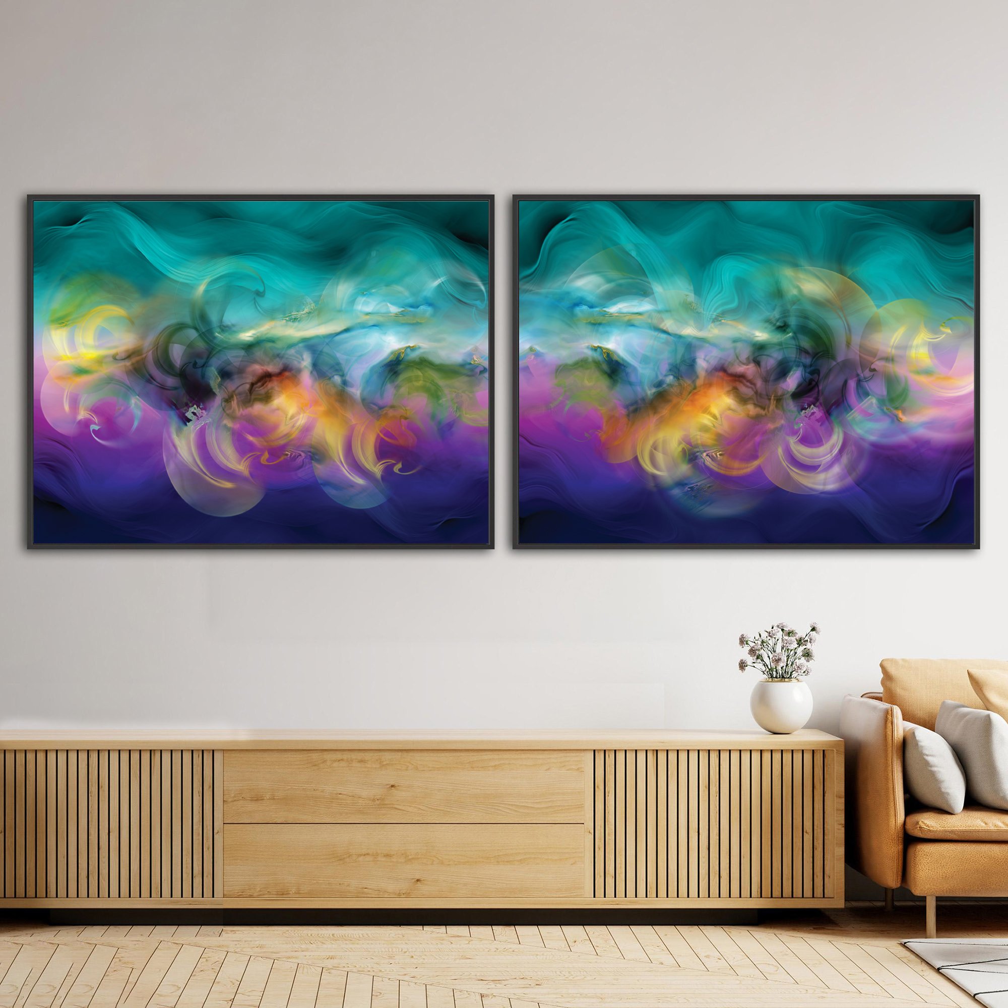Abstract diptych with swirling fluid shapes and wave textures in teal, violet, and indigo blue, with glowing yellow and ocher center, framed and ready to hang. Over wooden console