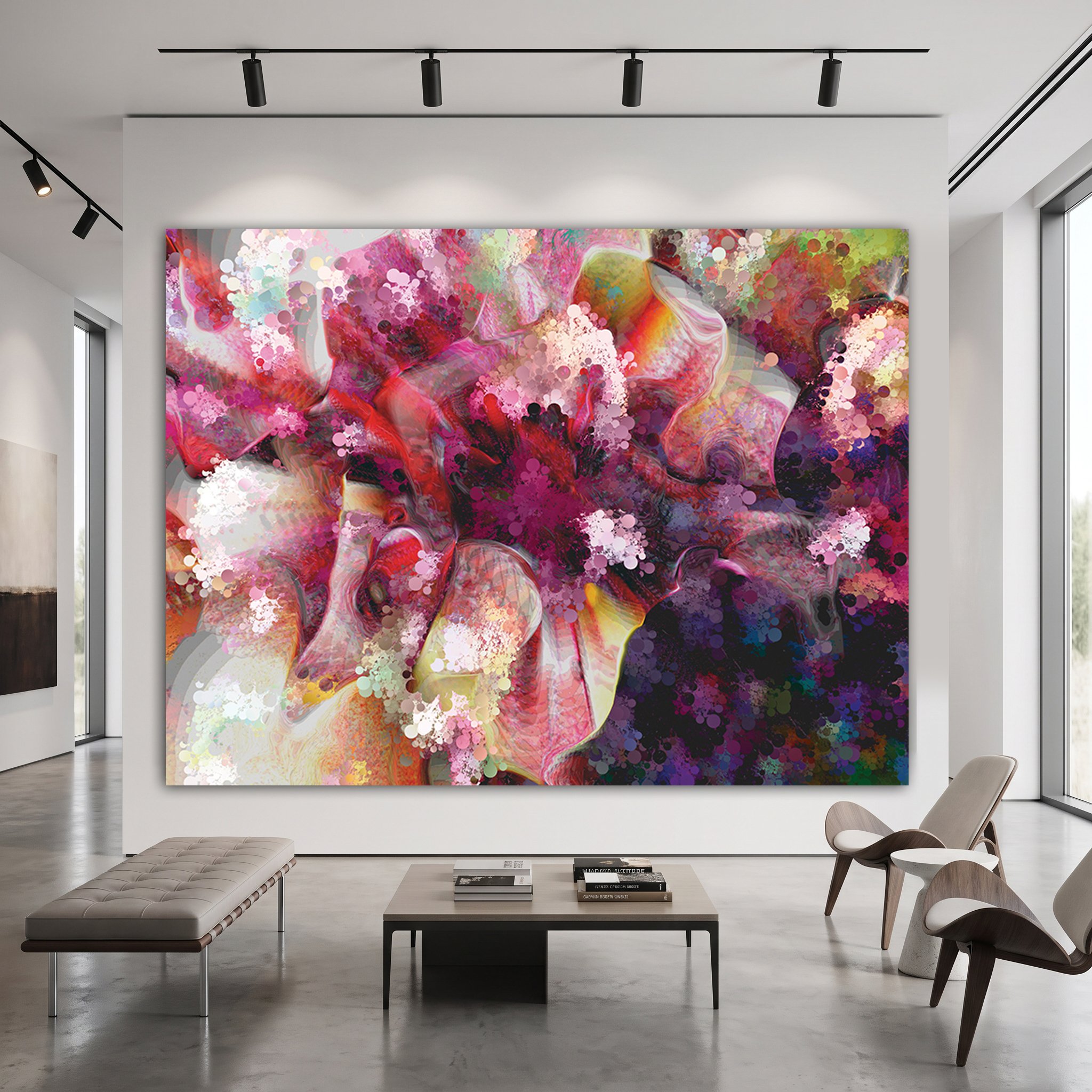 Large pink and purple abstract painting in a luxury waiting room with gray leather bench, designer chairs, polished concrete floor and track lighting