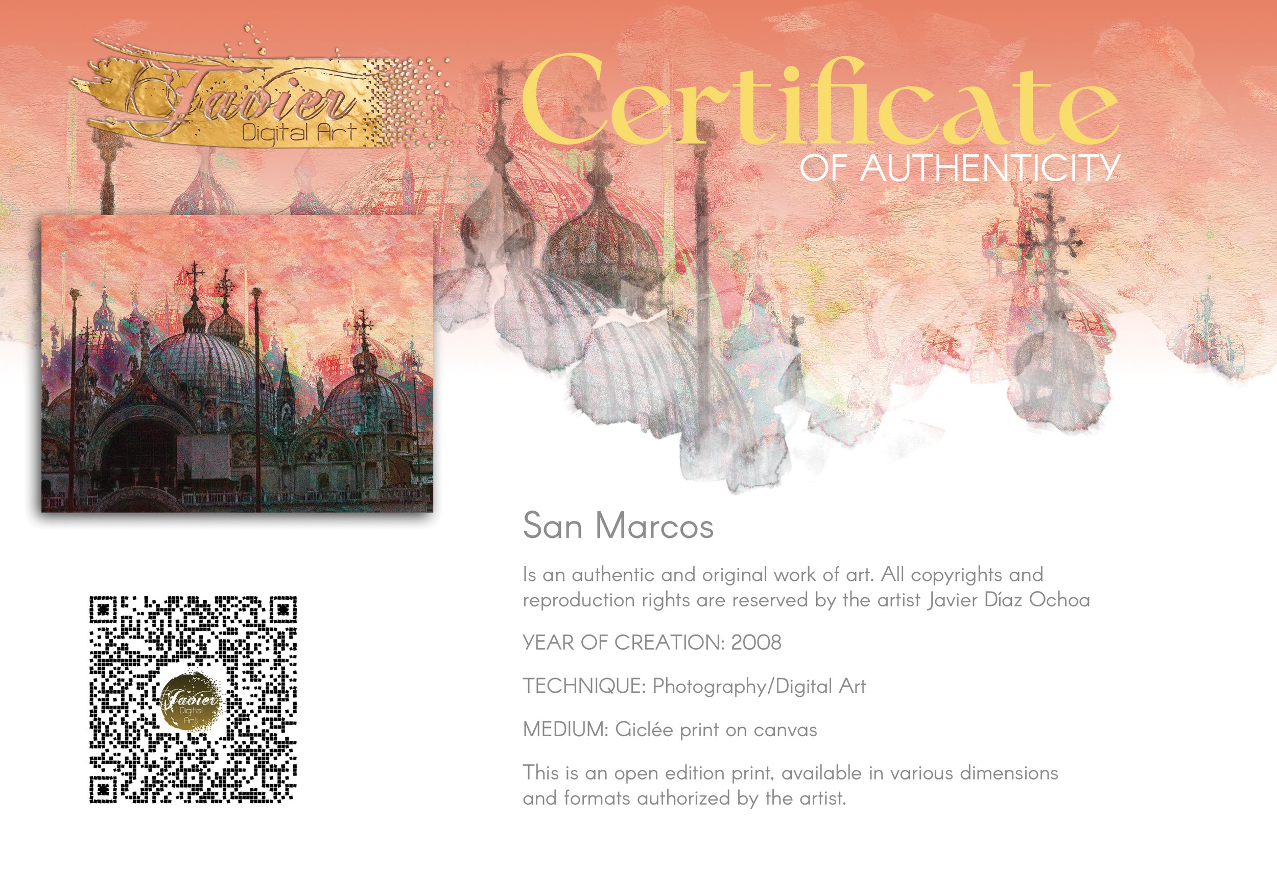 Expressionist digital art print showcasing St. Mark's Basilica in Venice with intricate dome details under a textured pink and coral sky, framed and ready to hang. Certificate of Authenticity