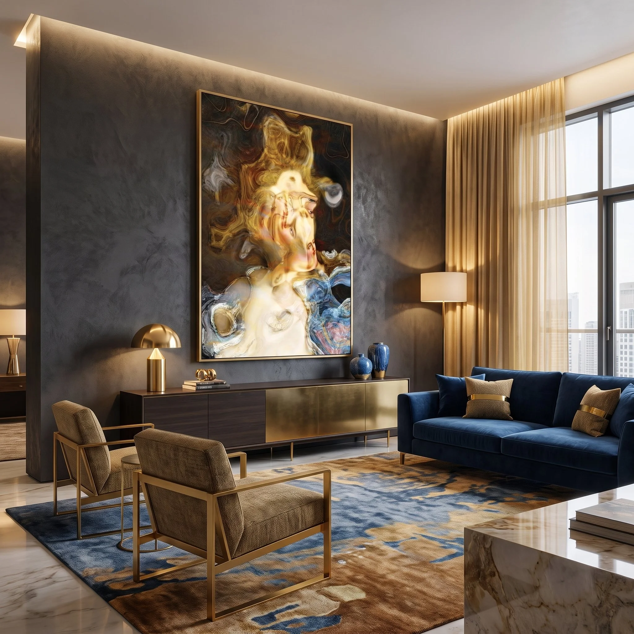 Large canvas art with a fluid surreal abstract design hanging on a dark textured wall in a luxury living room with a blue sofa and gold armchairs.