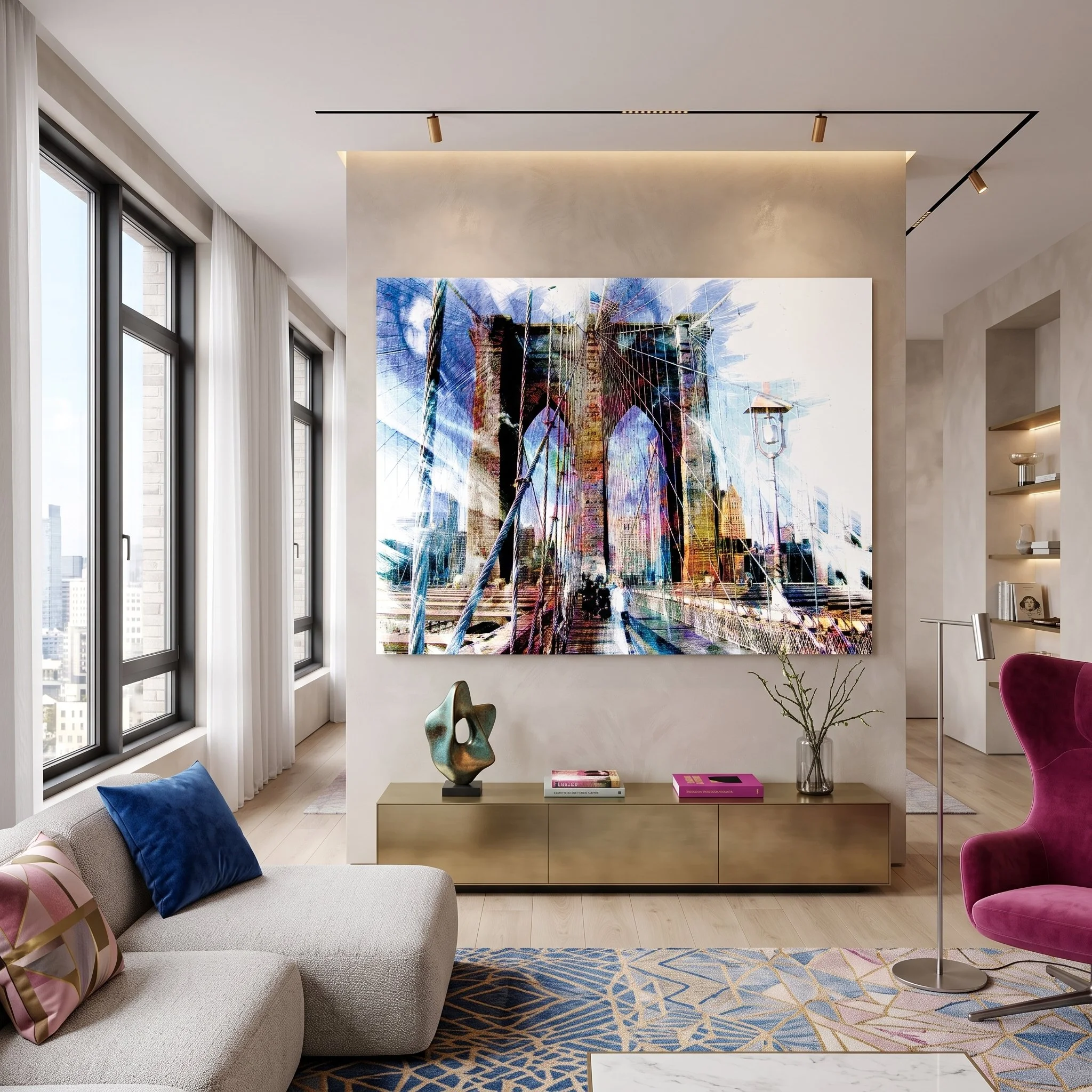 Large art fine art print of Brooklyn Bridge hanging on a beige accent wall in a luxury contemporary living room with a metallic credenza and magenta armchair