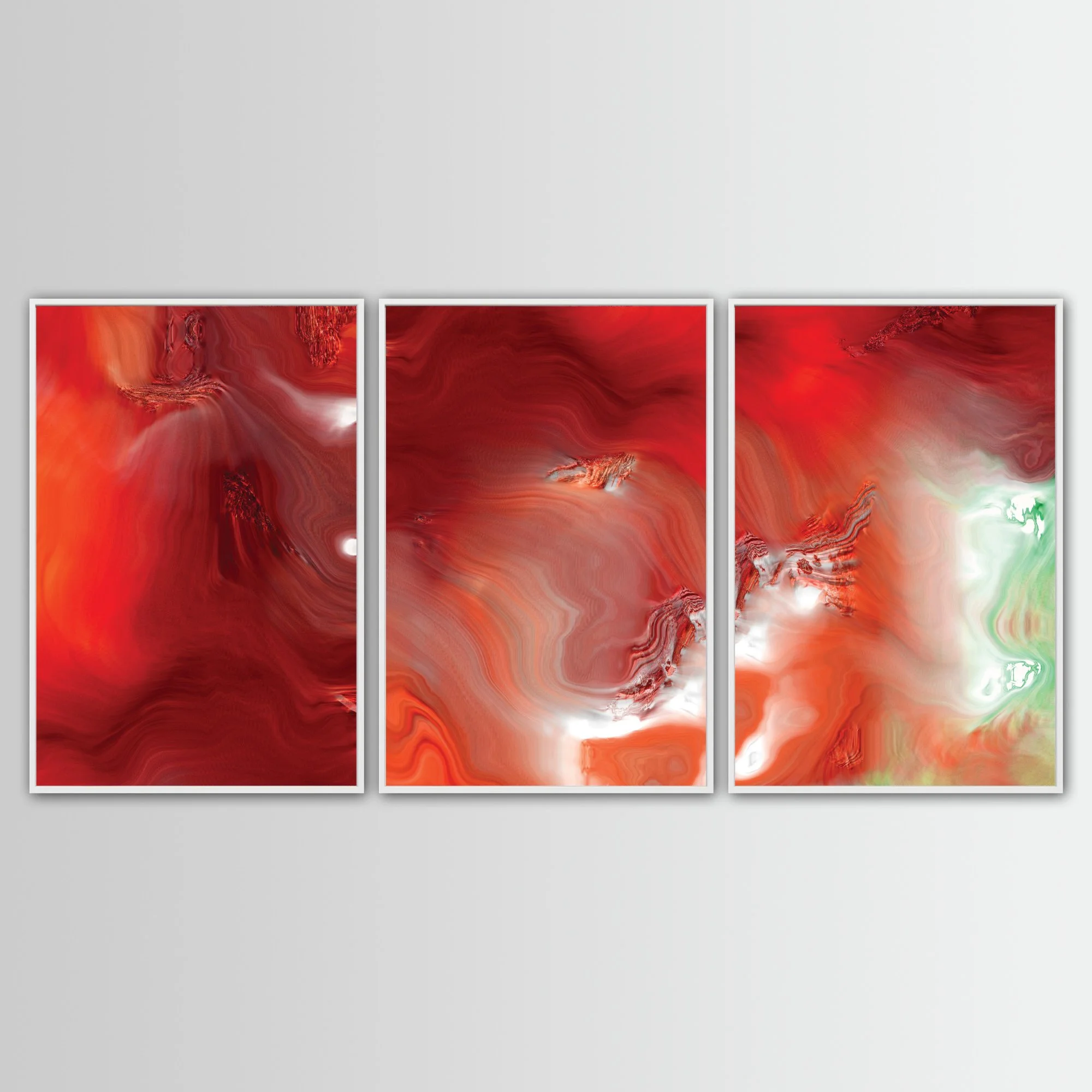 Abstract fine art triptych with dense, flowing liquid marble textures in vibrant crimson red, burgundy, and coral orange, white highlights and light green, framed and ready to hang. With white frame