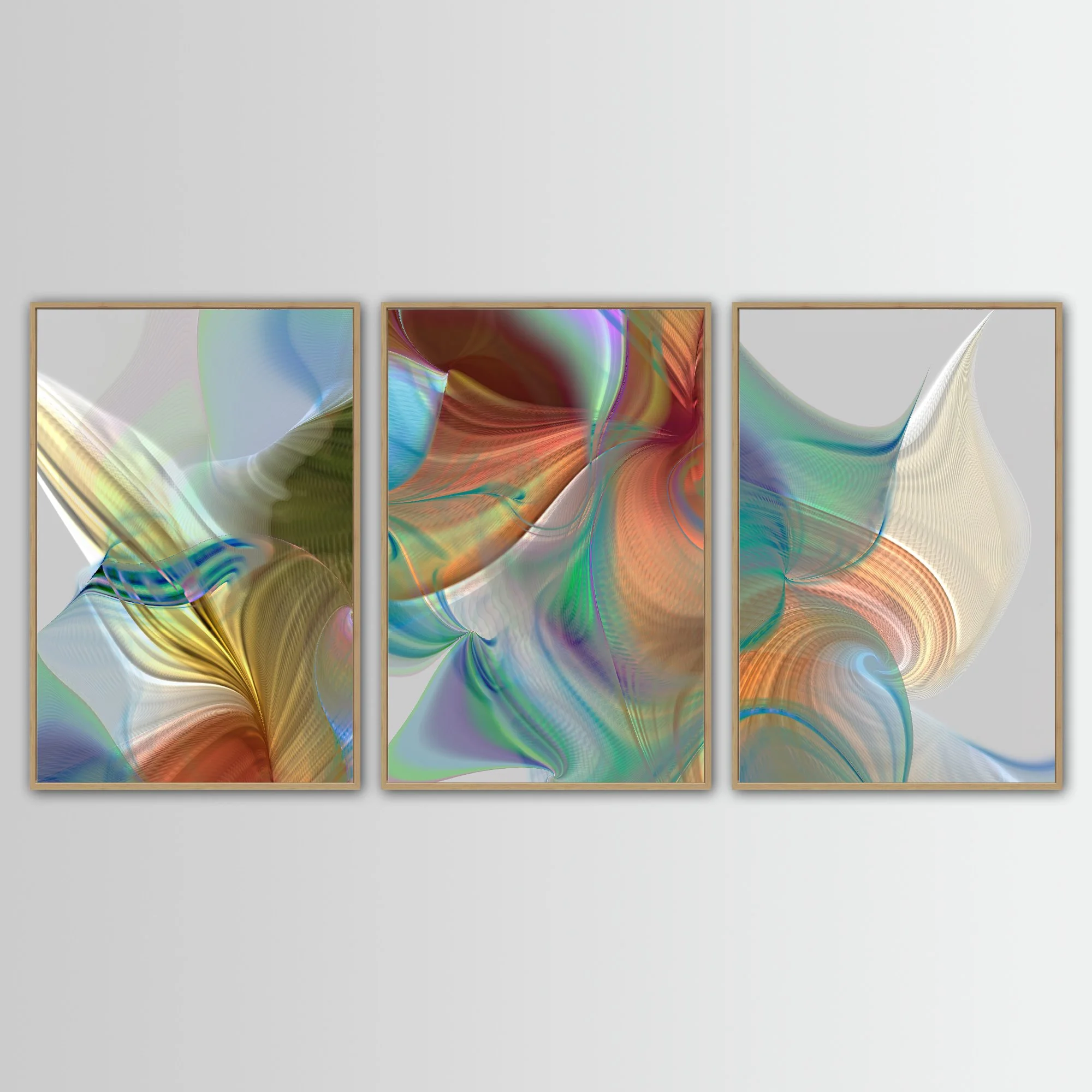 Abstract triptych with flowing organic shapes and wave line patterns in terracotta, old gold, and light blue tones over a gray background, framed and ready to hang. With wooden frame