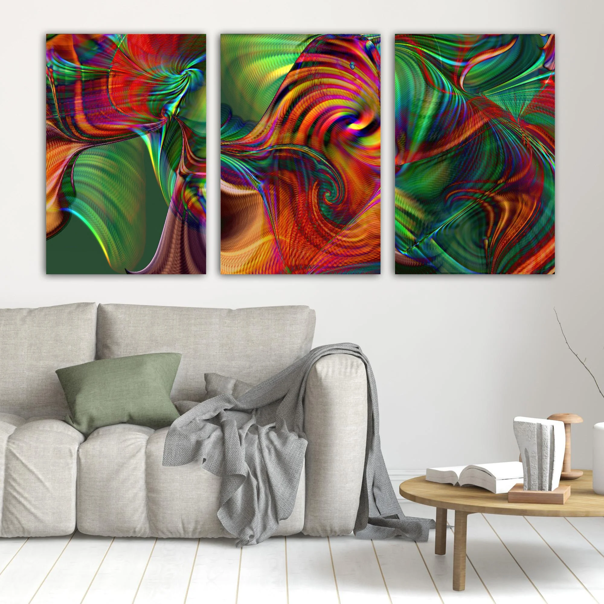 Abstract fine art triptych with swirling psychedelic spiral and fine wave lines in rainbow colors over a deep green background, framed and ready to hang. In living room