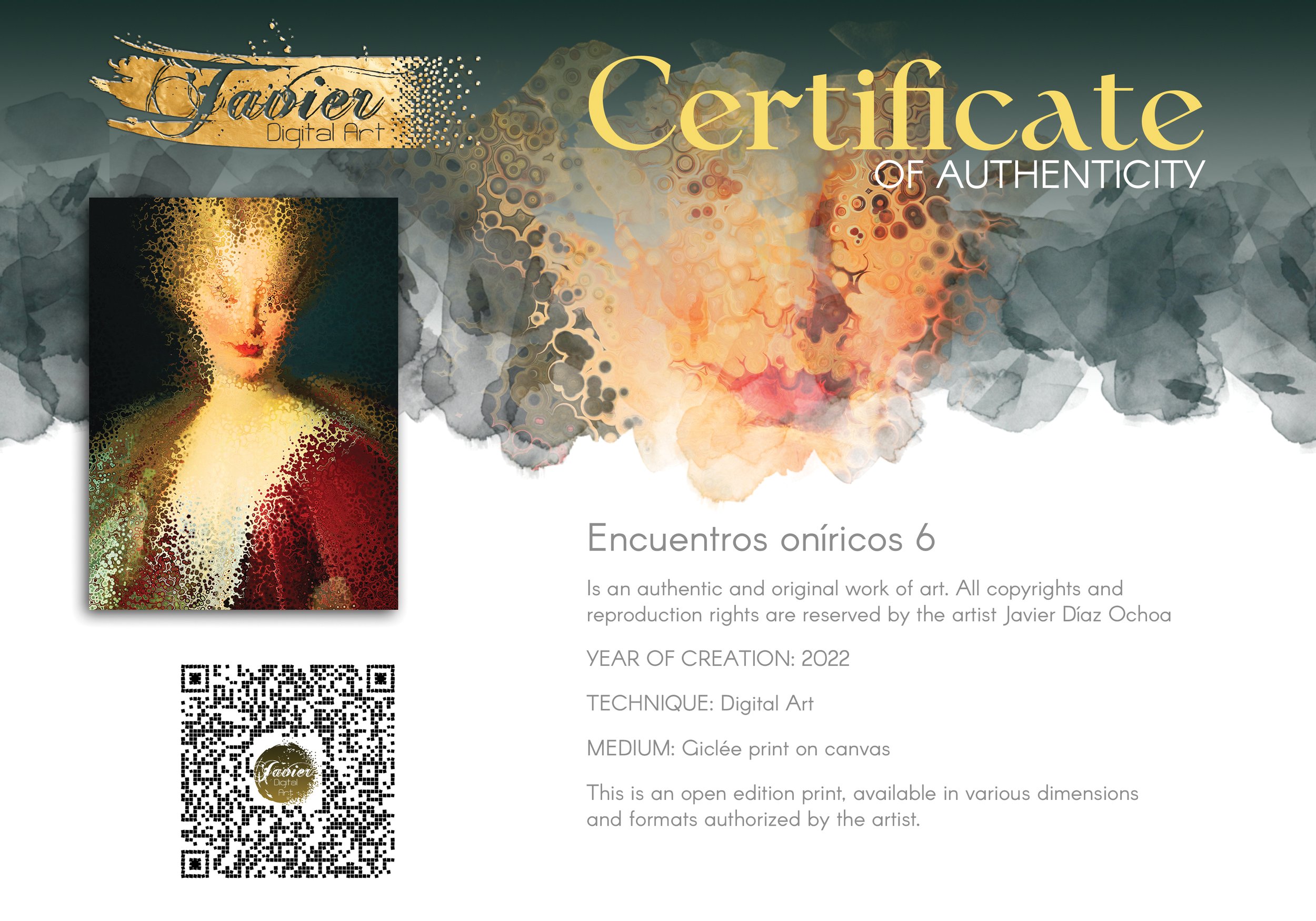 Contemporary fine art print of a deconstructed classical portrait of a woman dissolving into stipple textures in warm gold and deep crimson red, framed and ready to hang. Certificate of Authenticity