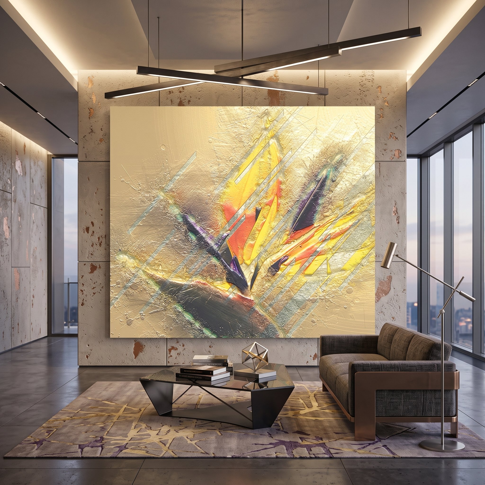 Large canvas art with a textured yellow abstract design mounted on a concrete accent wall in a luxury penthouse, featuring a brown leather sofa, geometric coffee table, and large windows.