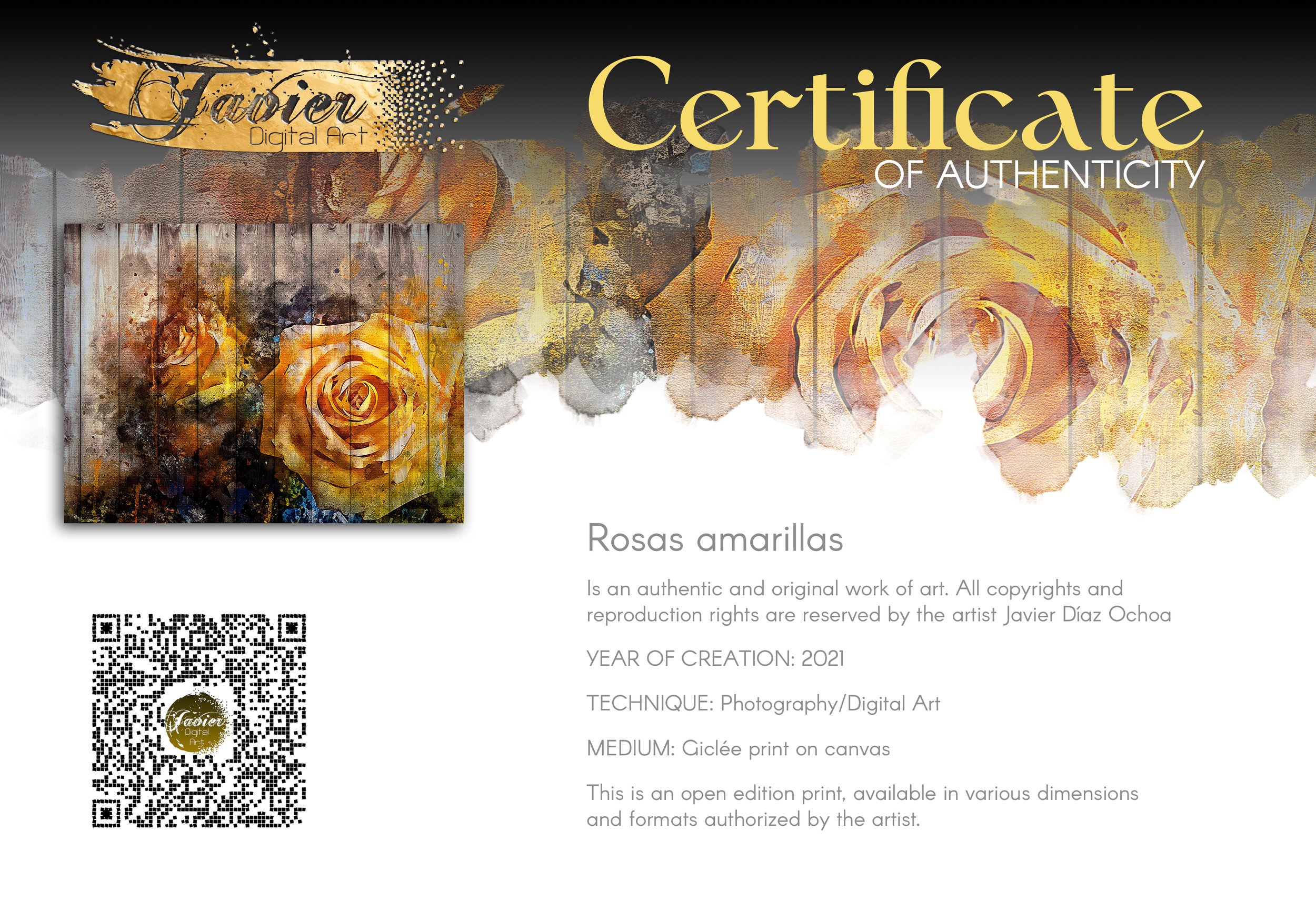 Vintage-style fine art print featuring an abstract yellow rose in watercolor splatters overlaid on a rustic wooden plank texture background, framed and ready to hang. Certificate of Authenticity
