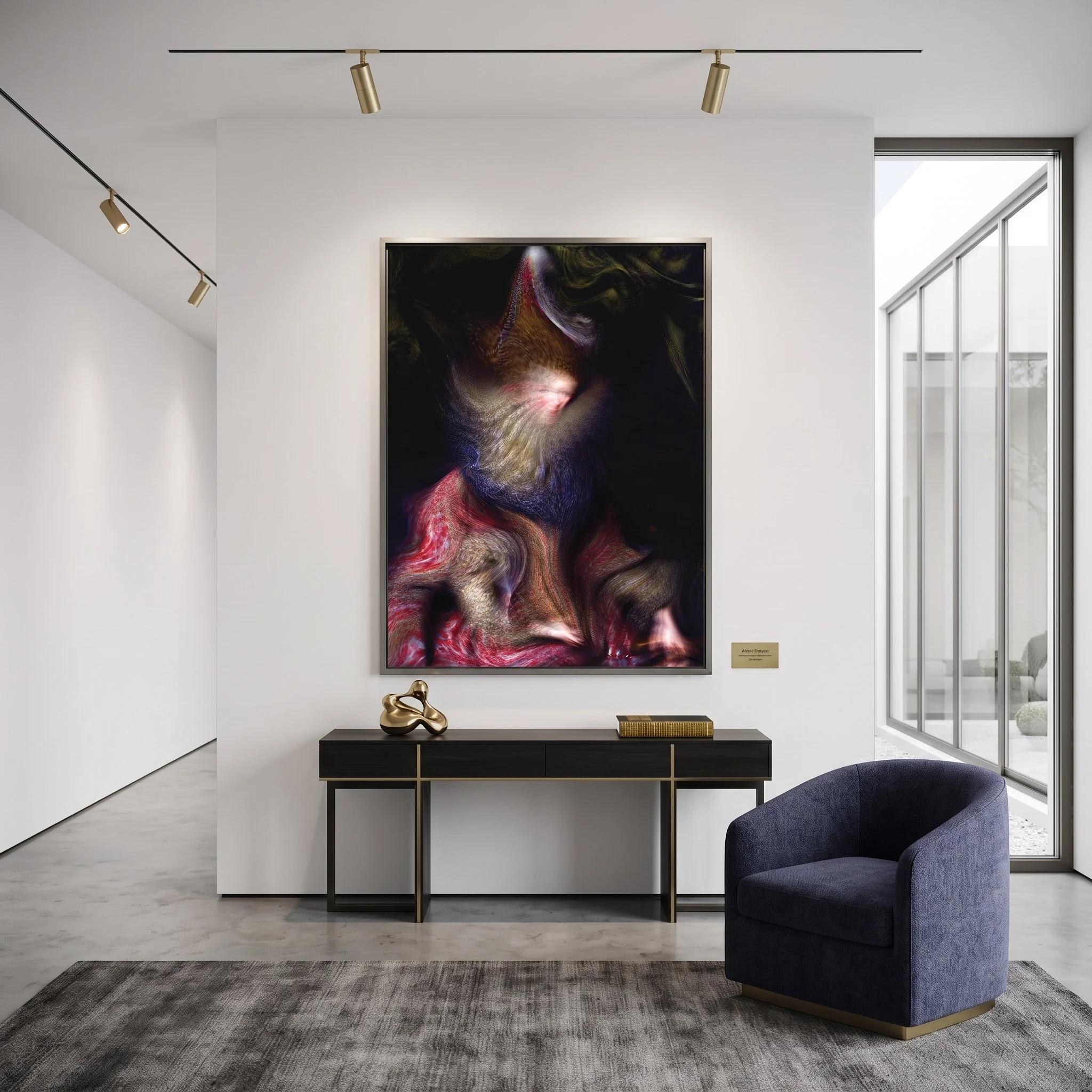 Large canvas art with a dark, fluid abstract design hanging above a black and gold console table, featuring a navy blue swivel armchair and track lighting.