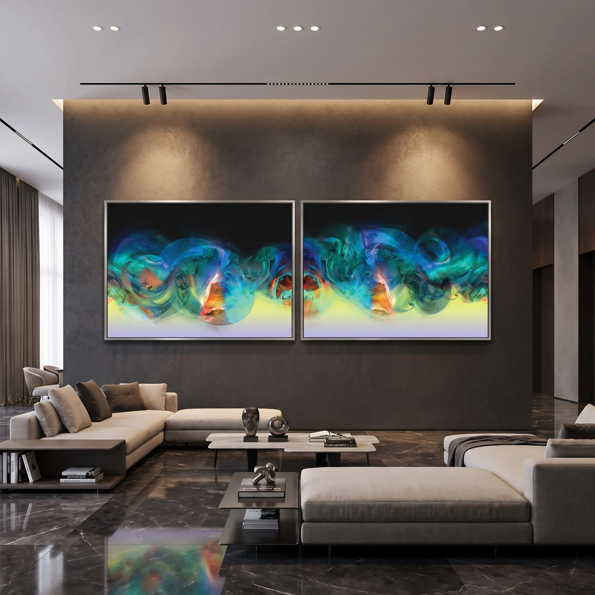 Framed blue and green abstract art diptych on a textured gray wall in a luxury living room with beige sofas, modern coffee tables, and dark marble flooring..jpeg (copia)