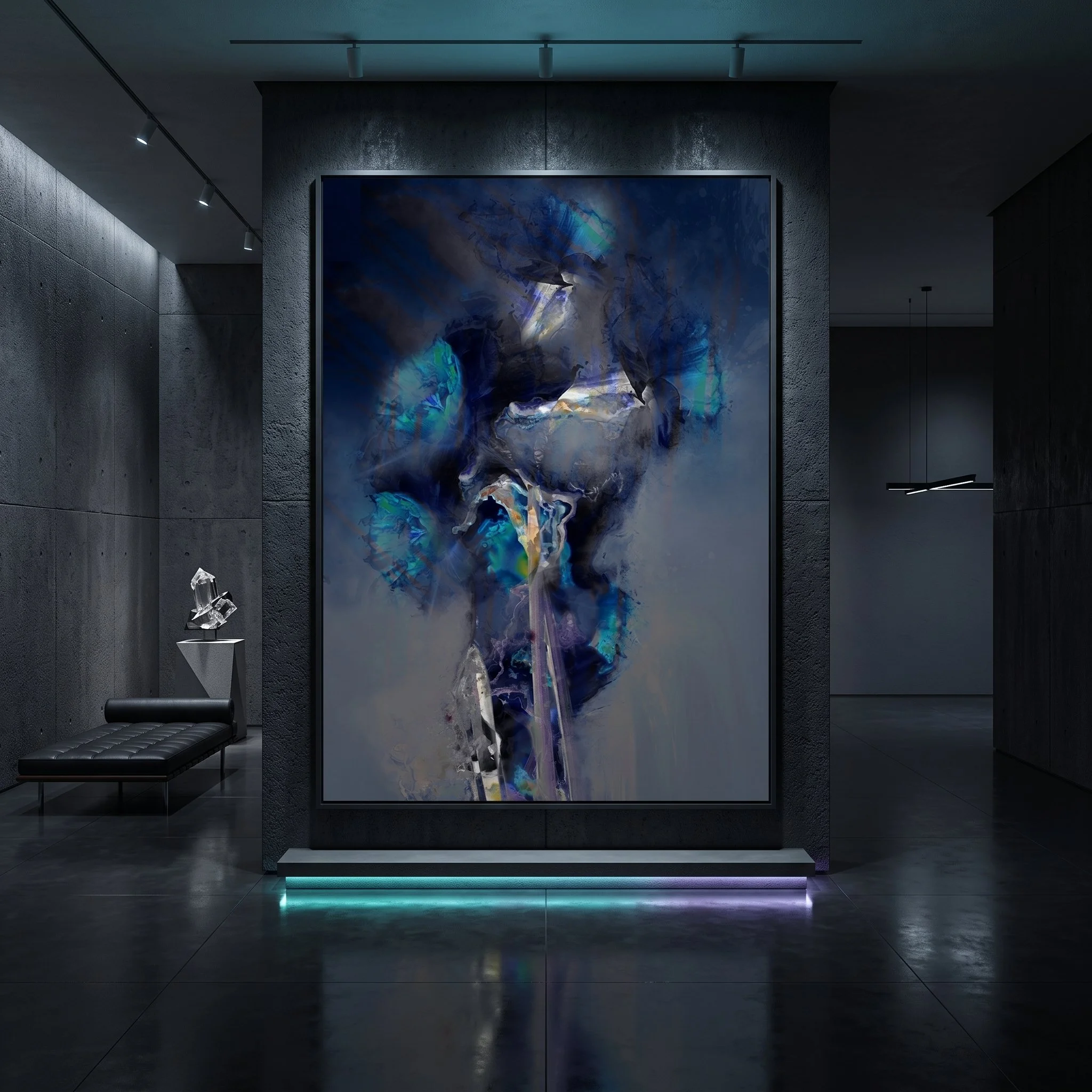 Large canvas art with a textured blue and purple abstract design displayed in a moody brutalist gallery with concrete walls, dark floors, and minimalist accent lighting.