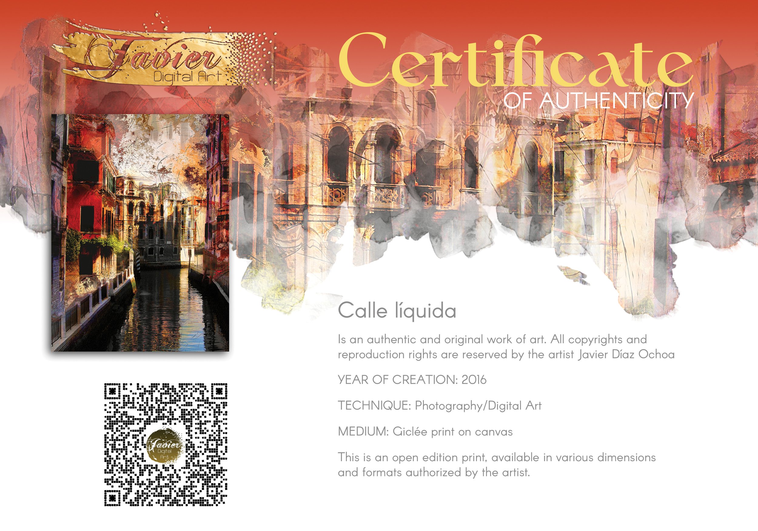 Fine art print of a classic Venice canal landscape with heavy grunge textures, featuring historic architecture in vibrant red and gold tones, framed and ready to hang. Certificate of Authenticity