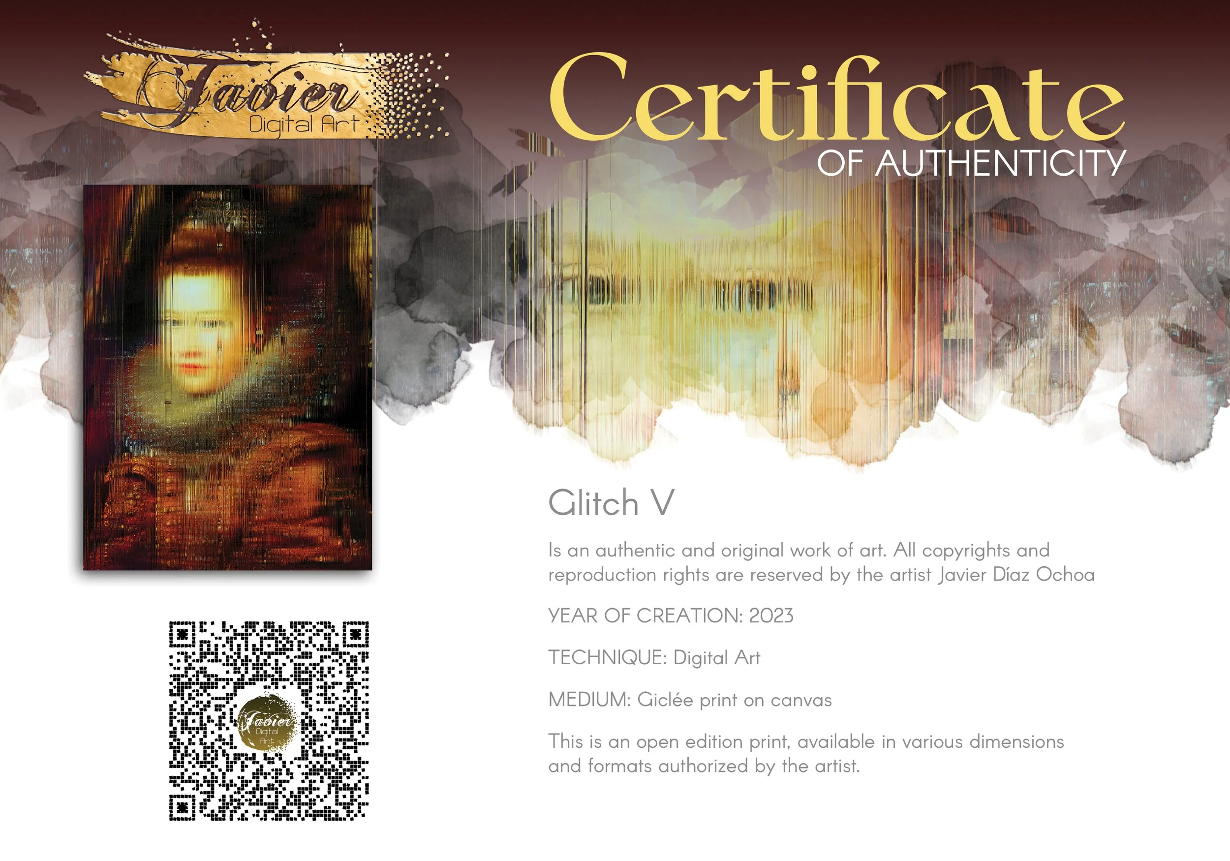 Contemporary fine art of a classical Renaissance portrait, deconstructed with vertical digital glitch textures in rich bronze and gold tones, framed and ready to hang. Certificate of Authenticity