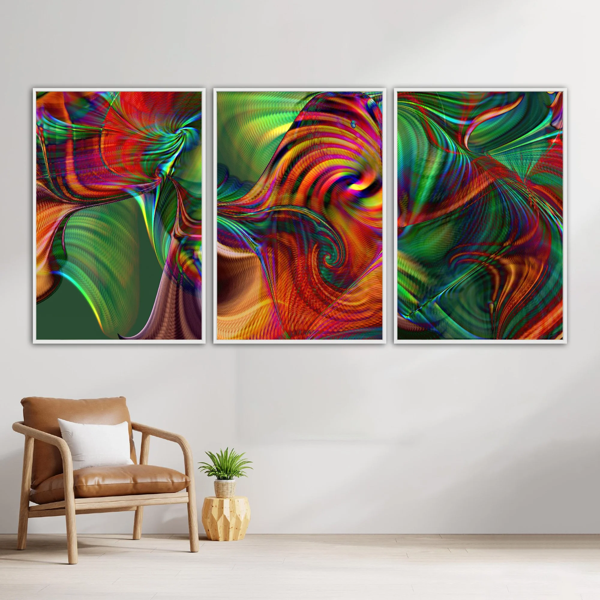 Abstract fine art triptych with swirling psychedelic spiral and fine wave lines in rainbow colors over a deep green background, framed and ready to hang. With chair