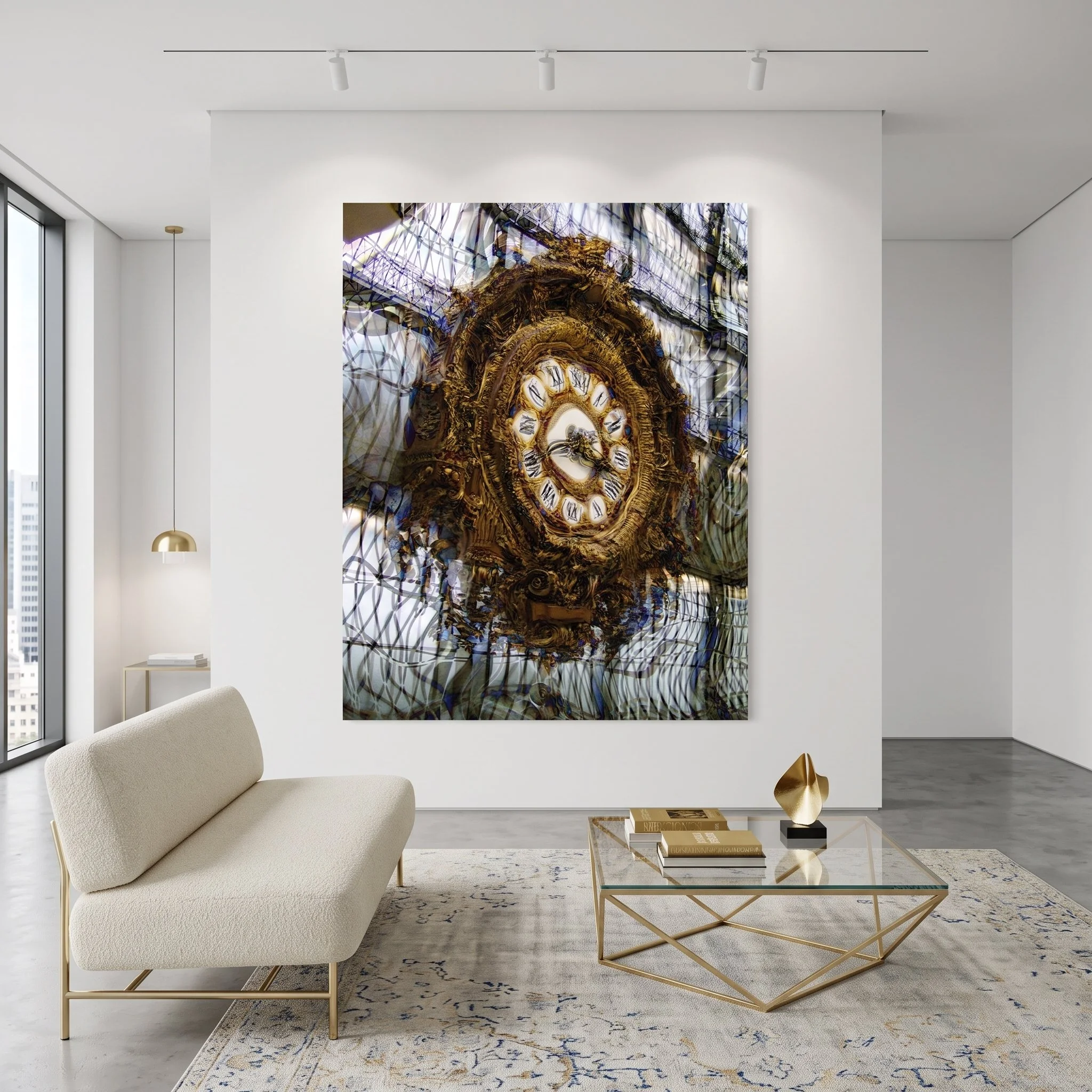 Large art fine art print hanging on a white wall in a bright minimalist living room with a cream loveseat, gold geometric glass coffee table, and concrete floor