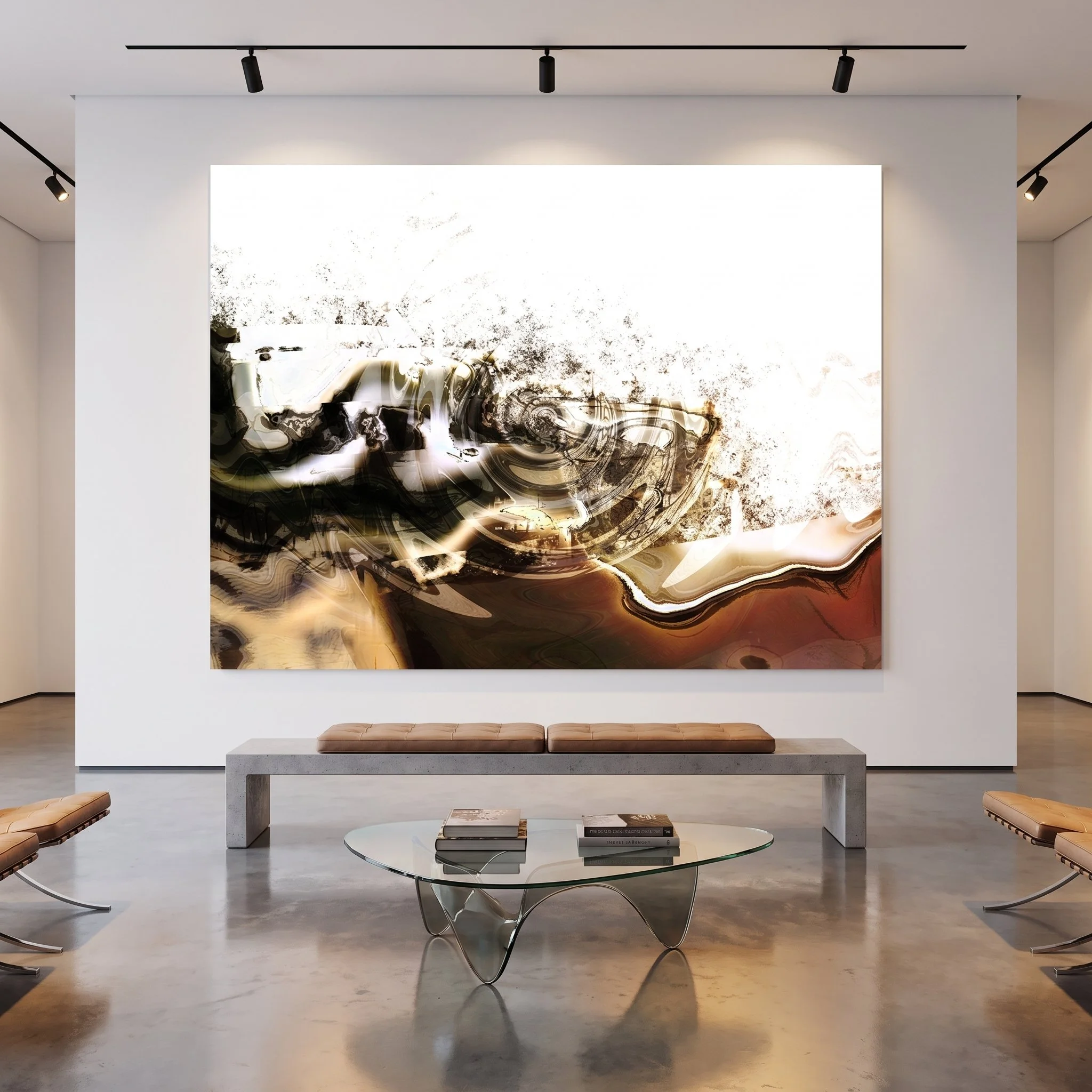 Large abstract painting in neutral tones hanging in a modern lobby with polished concrete floors, a glass coffee table, and leather benches.