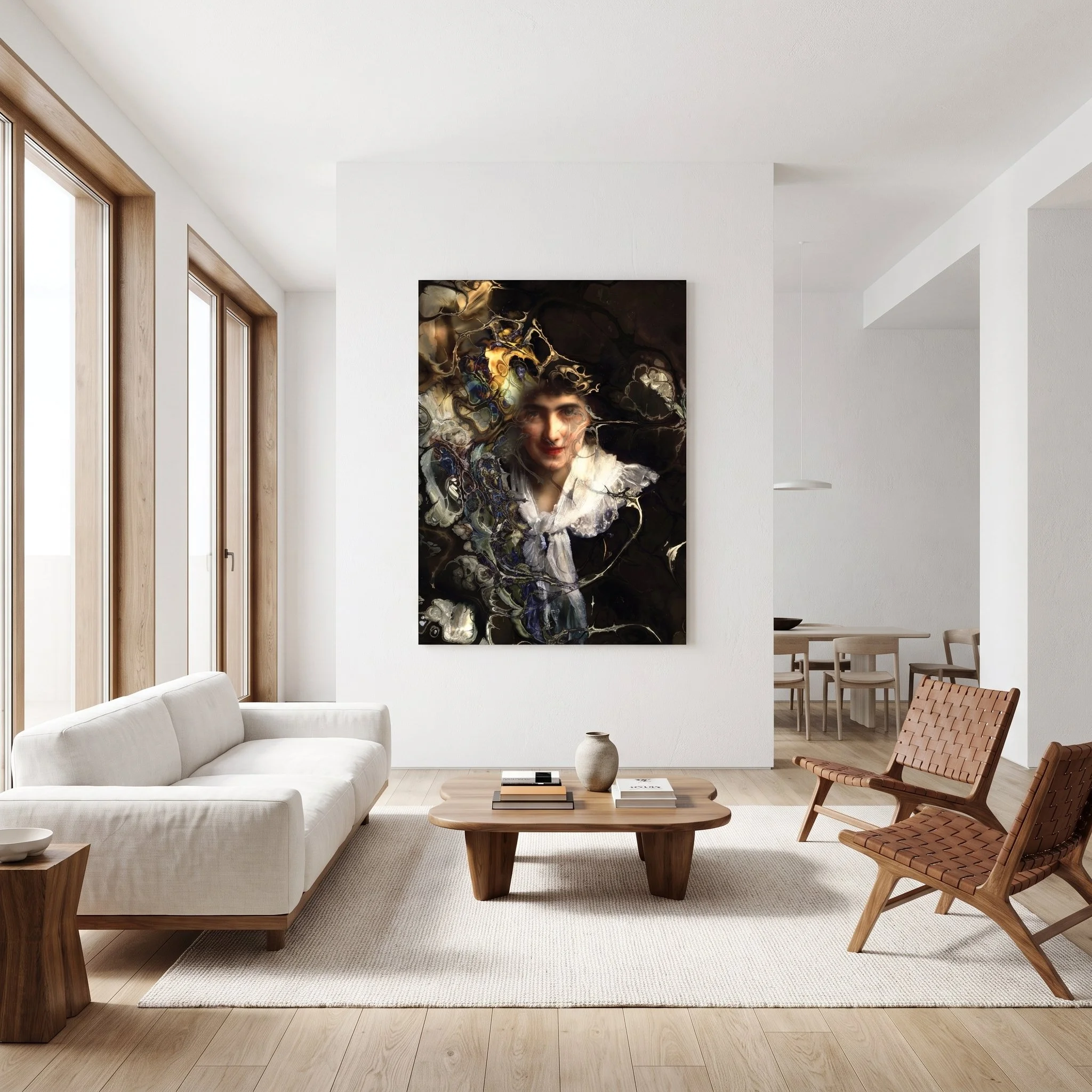 Large canvas art with a surreal abstract portrait hanging on a white wall in a bright living room, featuring a white sofa and woven leather armchairs.