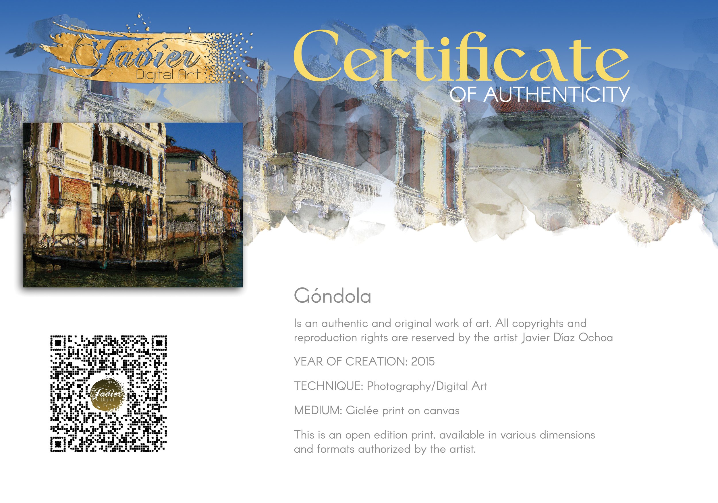 Expressionist fine art print of a historic Venetian palazzo along the Grand Canal with a gondola and textured oil painting brushstrokes, framed and ready to hang. Certificate of Authenticity