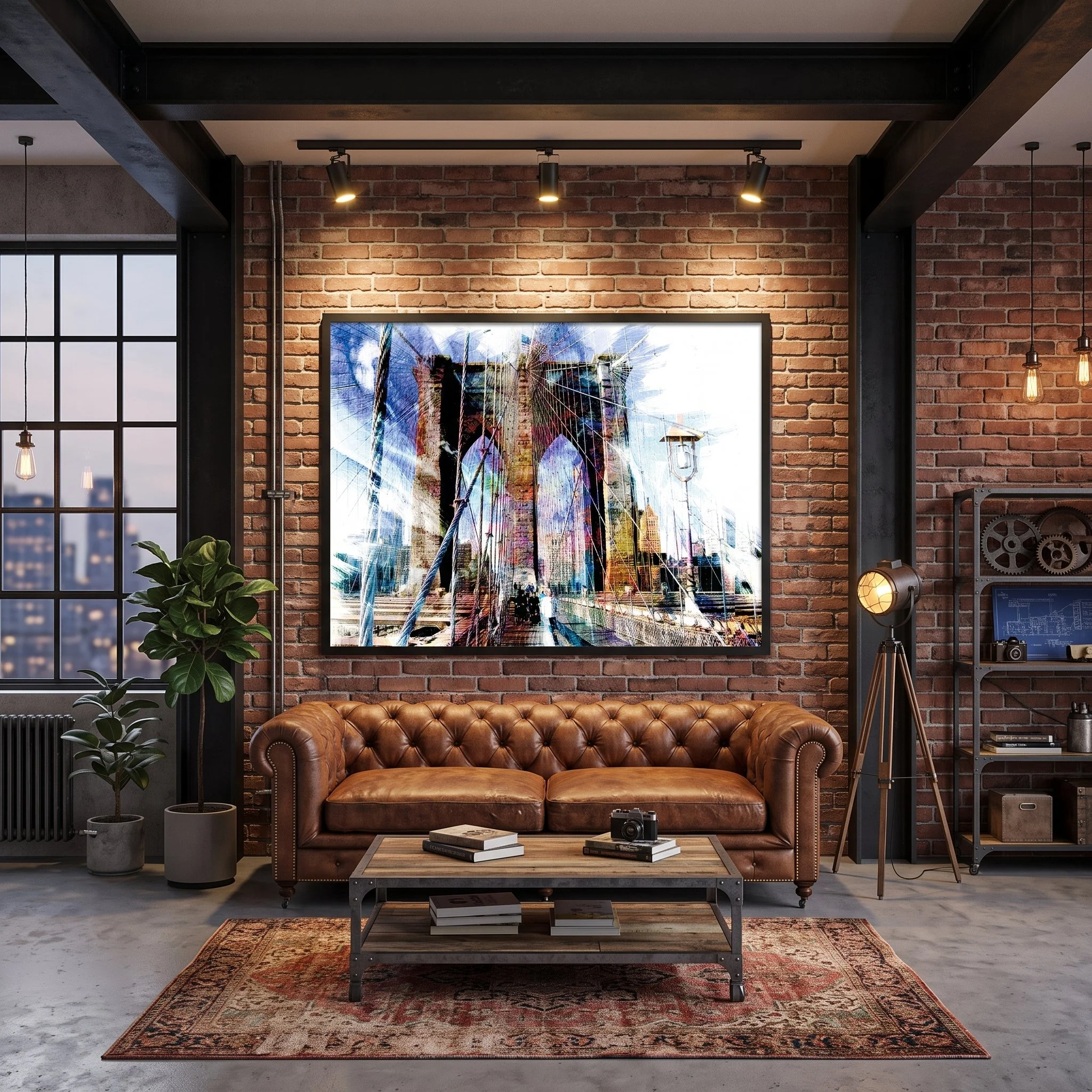 Large-format Brooklyn Bridge fine art print hanging on an exposed brick wall in an industrial living room with a chesterfield leather sofa and vintage rug