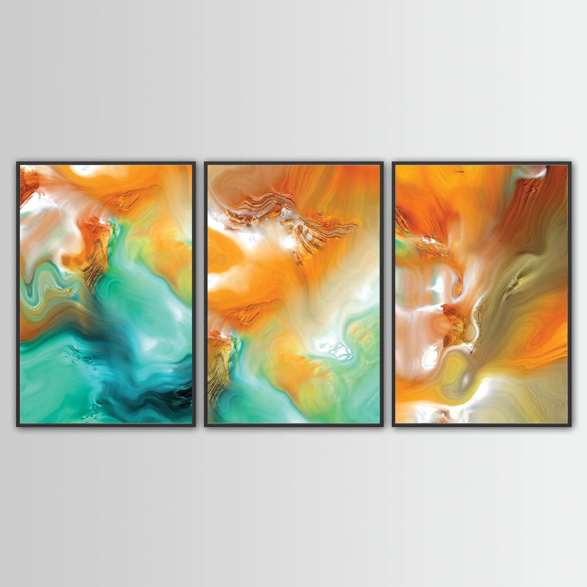 Abstract fine art triptych with flowing liquid marble textures in orange, ocher, and teal green tones, over a bright background, framed and ready to hang. With black frame