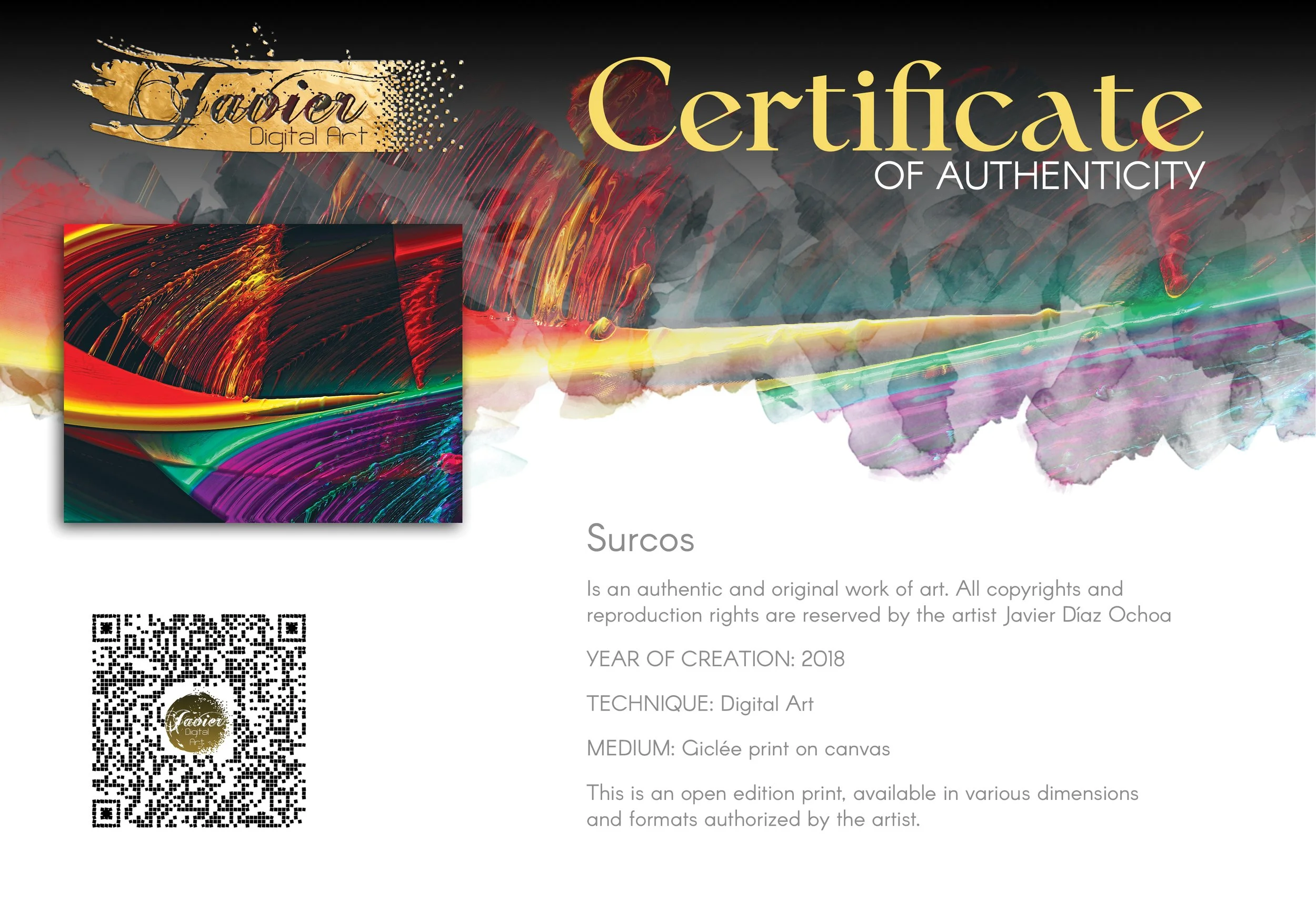 Abstract art with liquid textures, 3D brushstrokes in fiery red, bright yellow, green, and deep purple tones, framed and ready to hang. Certificate of Authenticity