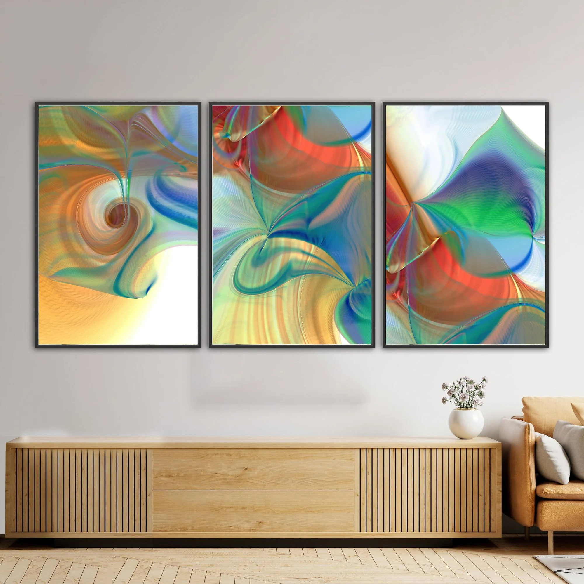 Abstract triptych with swirling fluid structures, intricate line patterns, and a palette of red, orange, teal, and green over a white background, framed and ready to hang. Over wooden console