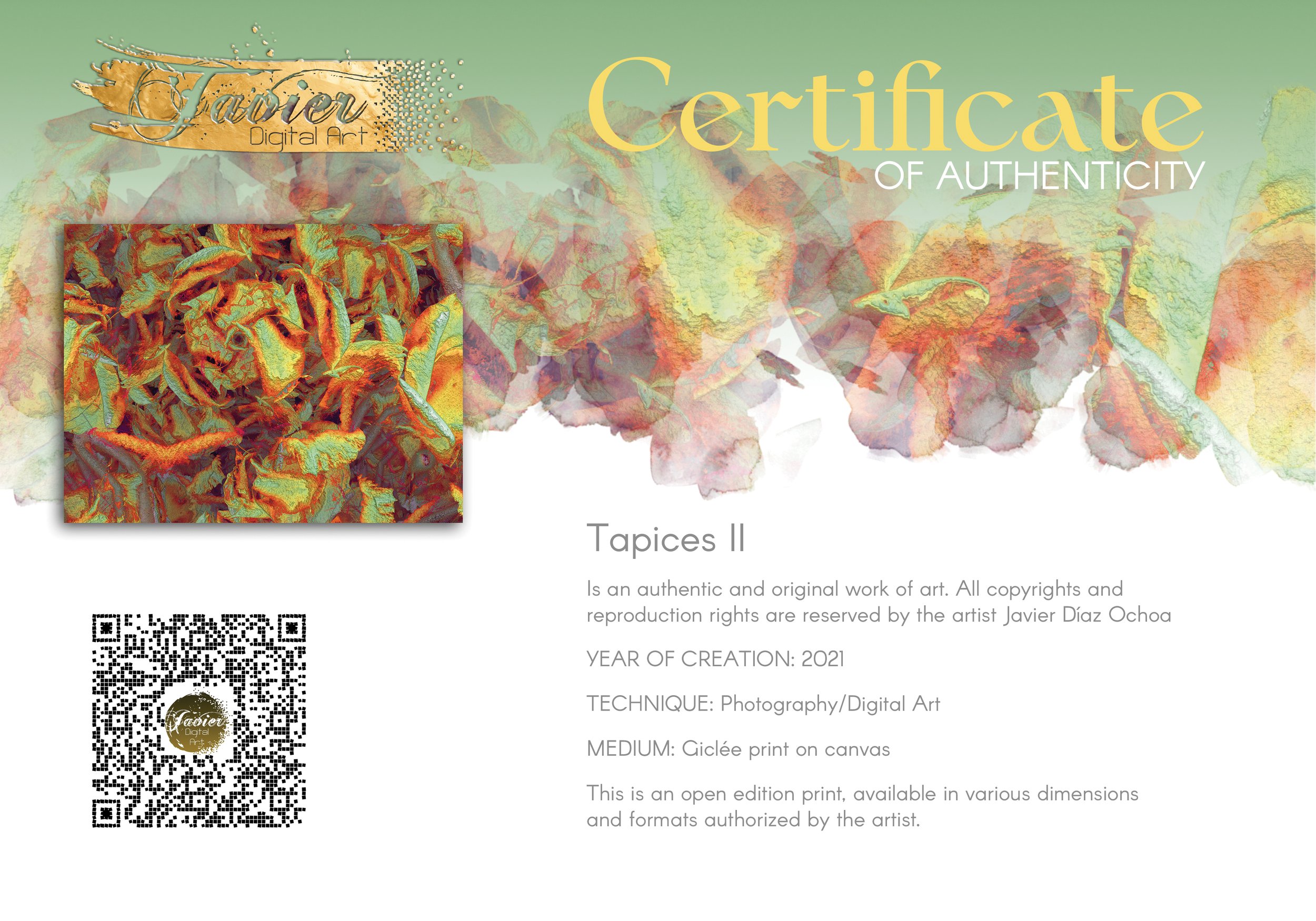 Abstract art textured pattern of organic leaf-like shapes in warm autumn tones of orange, gold, and sage green, framed and ready to hang. Certificate of Authenticity