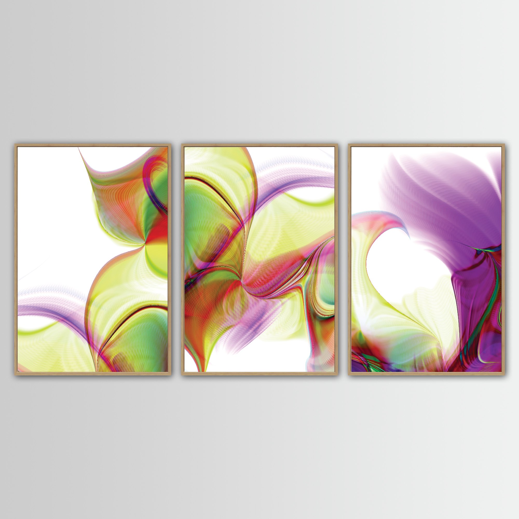Abstract fine art triptych with, wave patterns and fine line structures in violet, lavender, and lime green over a white background, framed and ready to hang. With wooden frame