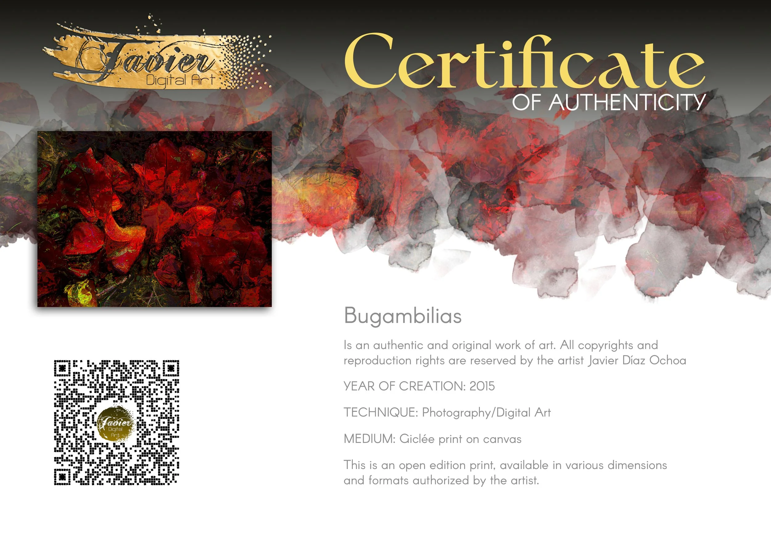 Dark abstract fine art print showcasing a dense, moody floral pattern in deep crimson red and burgundy tones against a textured black background, framed and ready to hang. Certificate of Authenticity