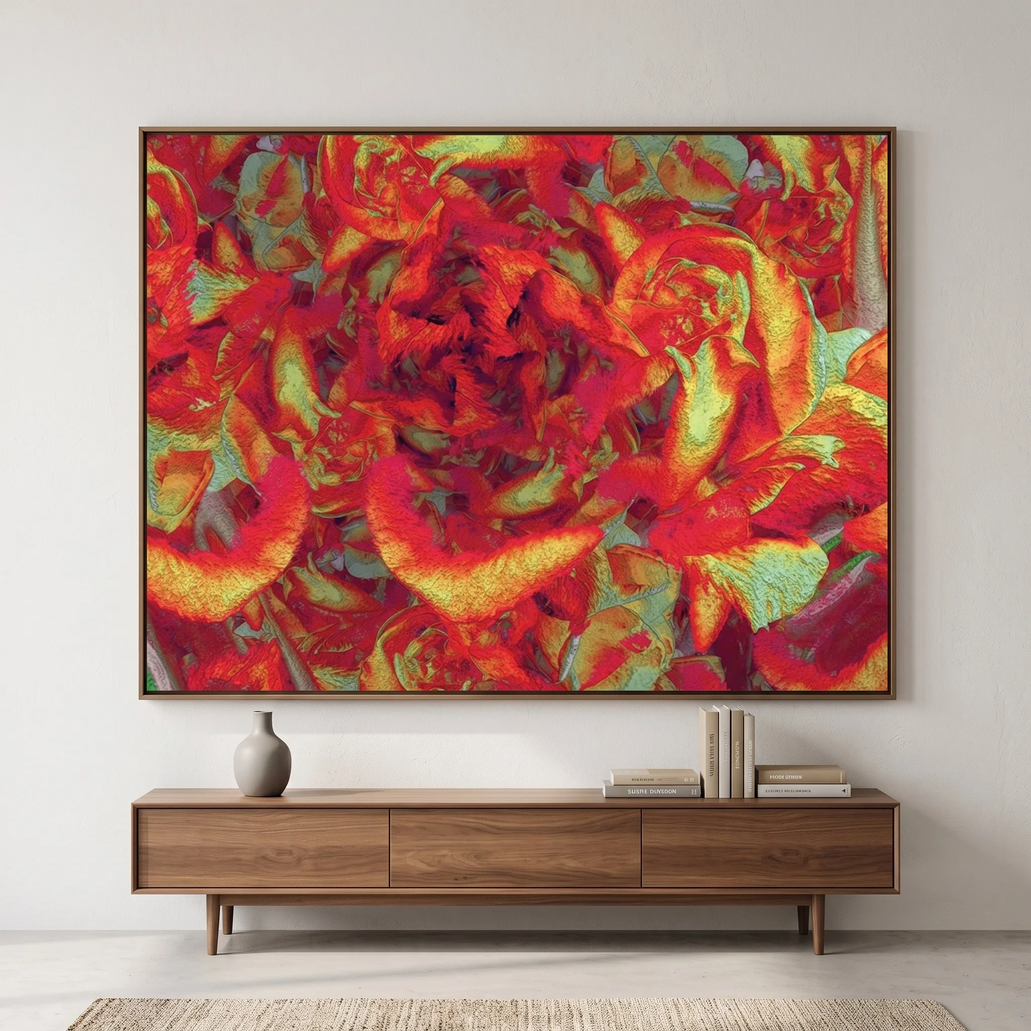 Large red and orange abstract painting above a wooden credenza in a modern living room with a gold floor lamp, a beige bouclé sofa, and a gray rug.