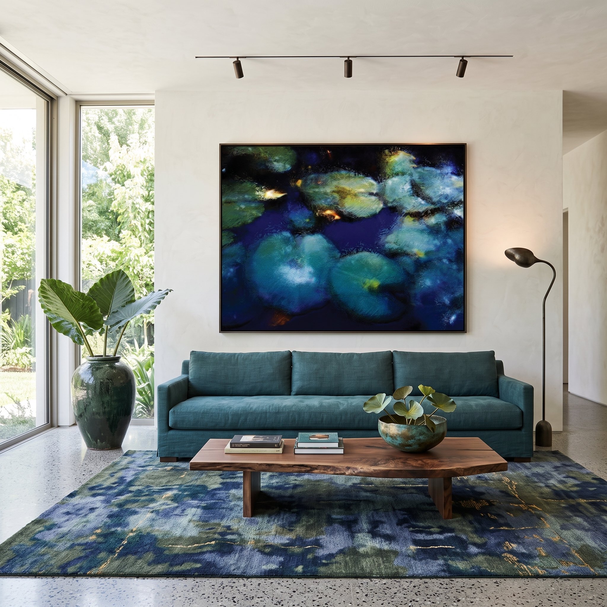 Large canvas art with a blue and green water lily above a teal sofa in a modern living room, a wooden coffee table, a patterned area rug, a large potted plant, and track lighting.