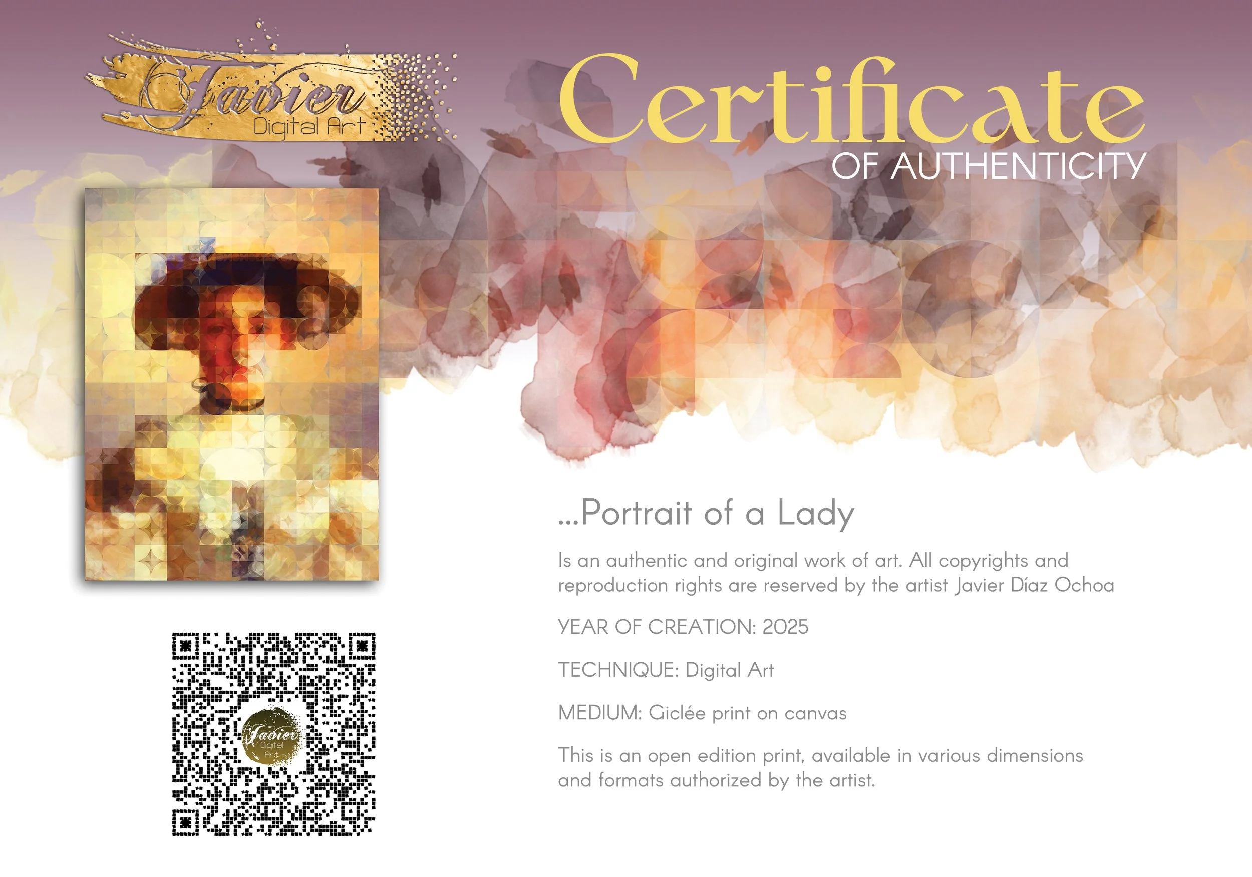 Contemporary art of a classical portrait of a lady with hat, on a geometric grid of circular patterns in bright gold, cream, and beige tones, framed and ready to hang. Certificate of Authenticity