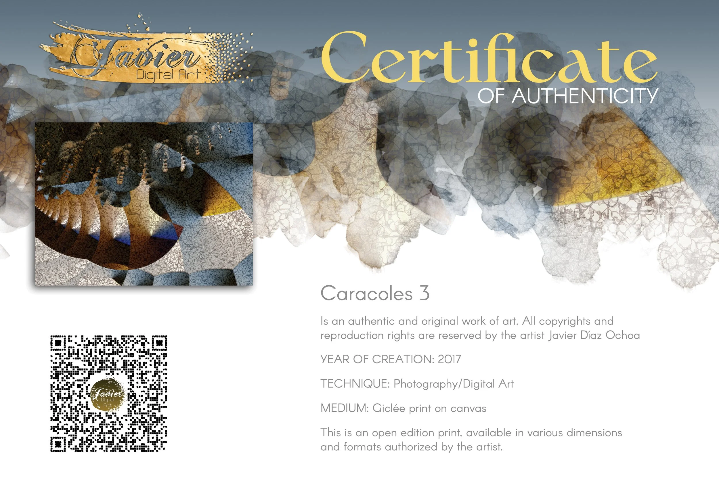Abstract art textured geometric shapes, mosaic patterns, and a color palette of gold, brown, and blue, framed and ready to hang. Certificate of Authenticity